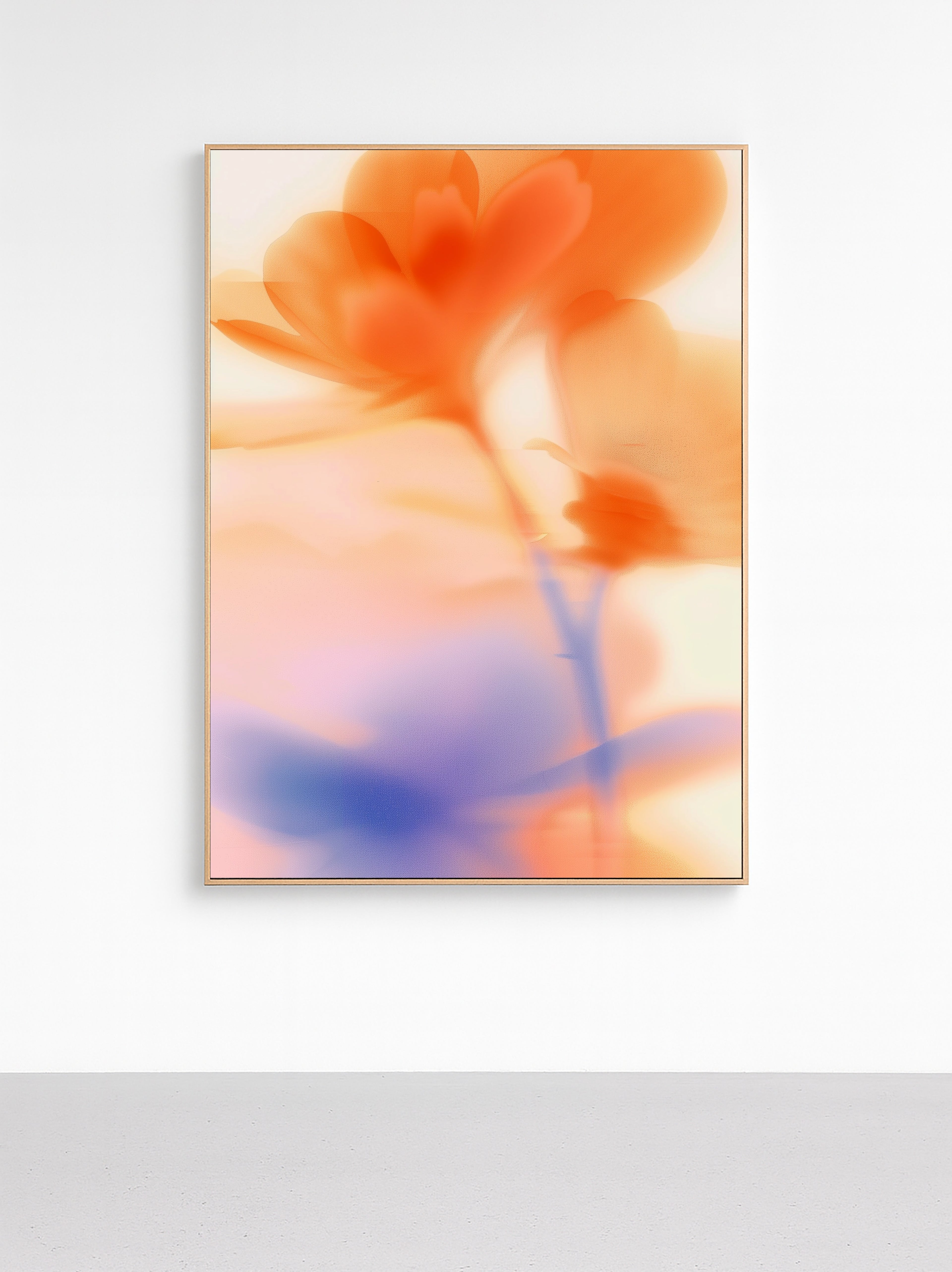 Abstract orange floral with violet shadows and soft sunset gradient