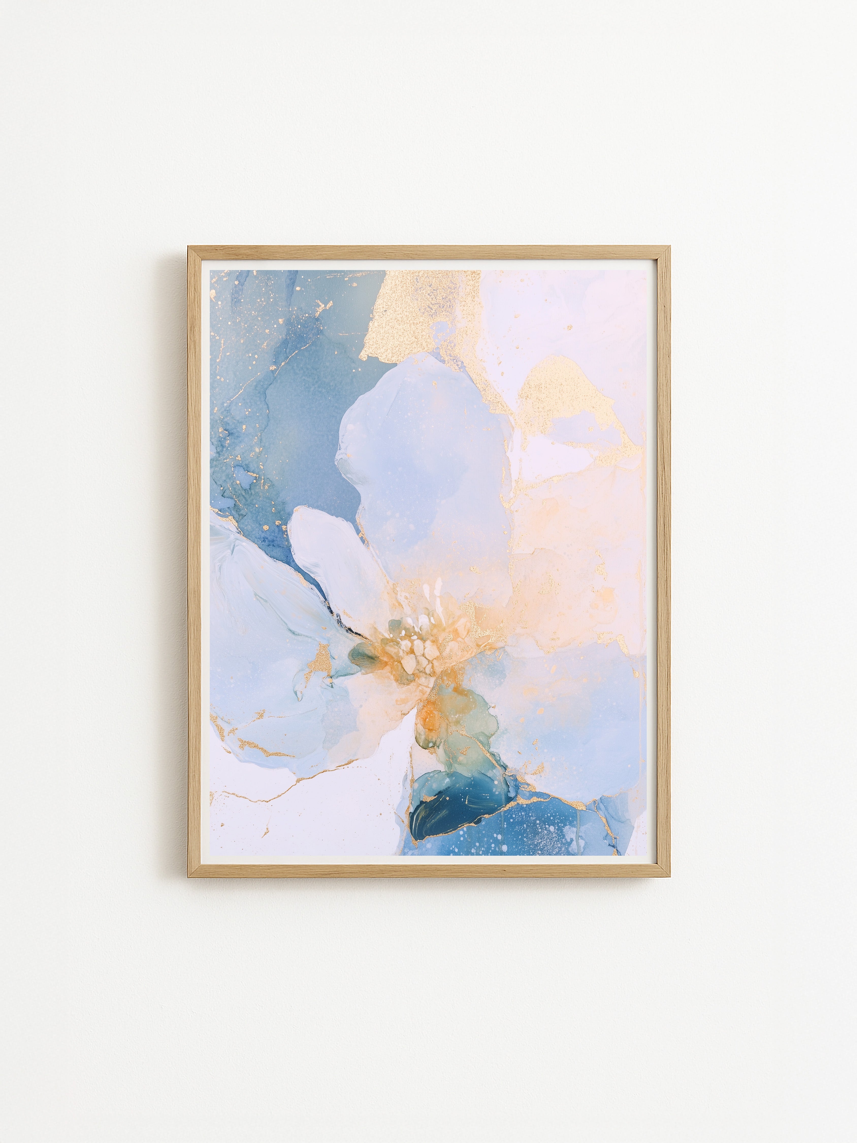 Abstract blue and gold floral art print – soft watercolor-style flower with gold accents in a modern minimalist frame.