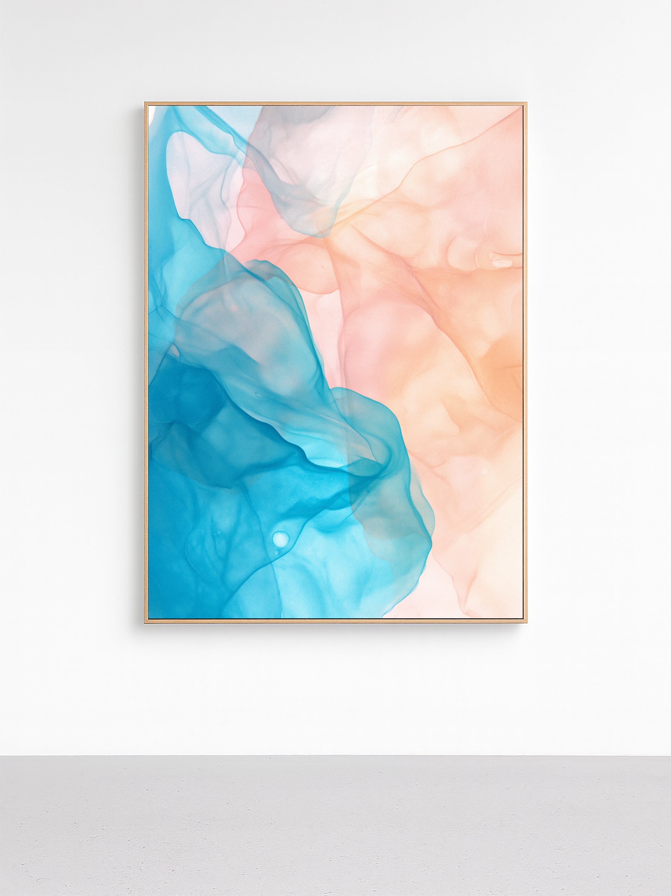 Coastal Peach Abstract—minimal, ink-inspired layers on soft white; modern coastal Scandinavian decor.