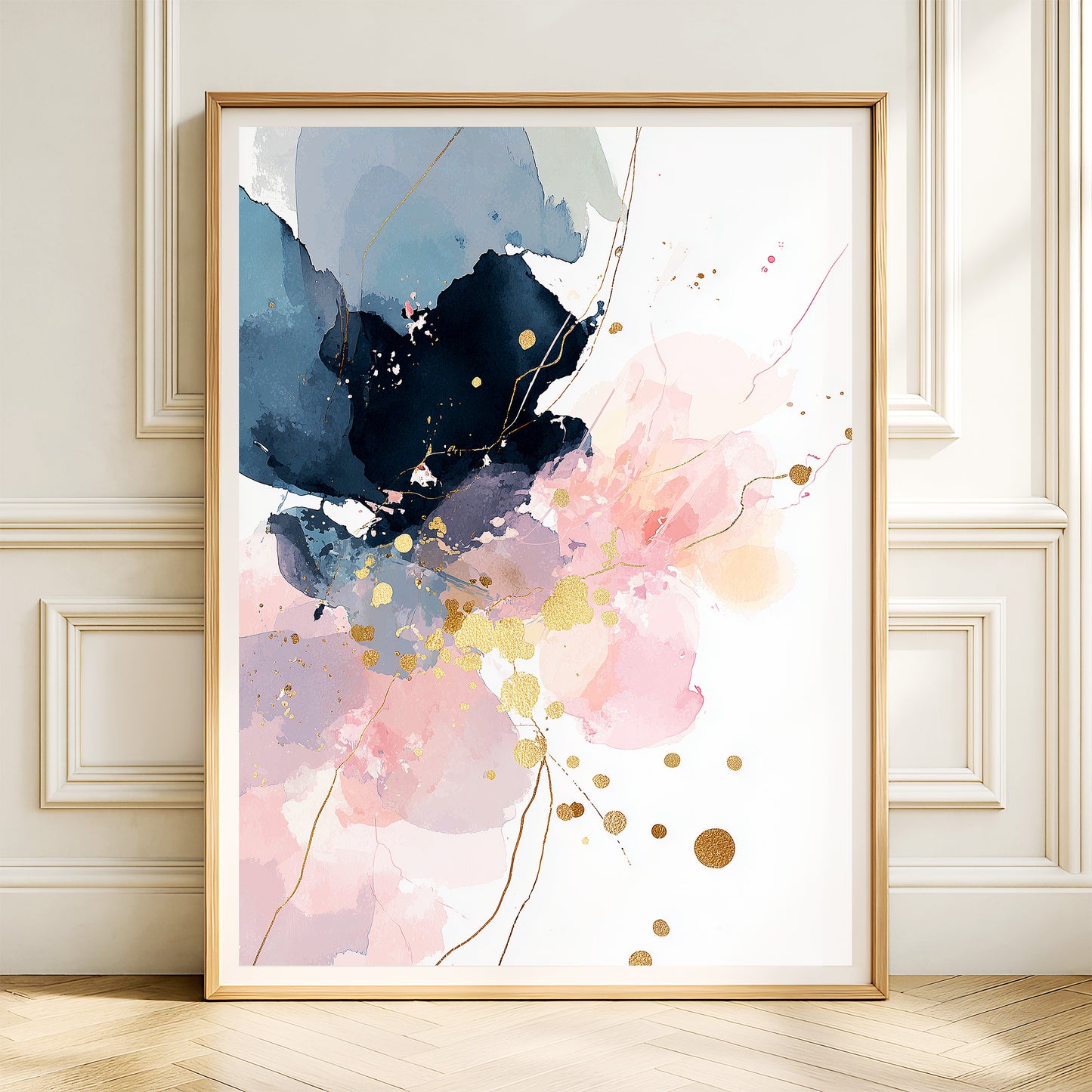 Noctivine – Navy Pink Gold Abstract Watercolor Luxury Framed Canvas Art
