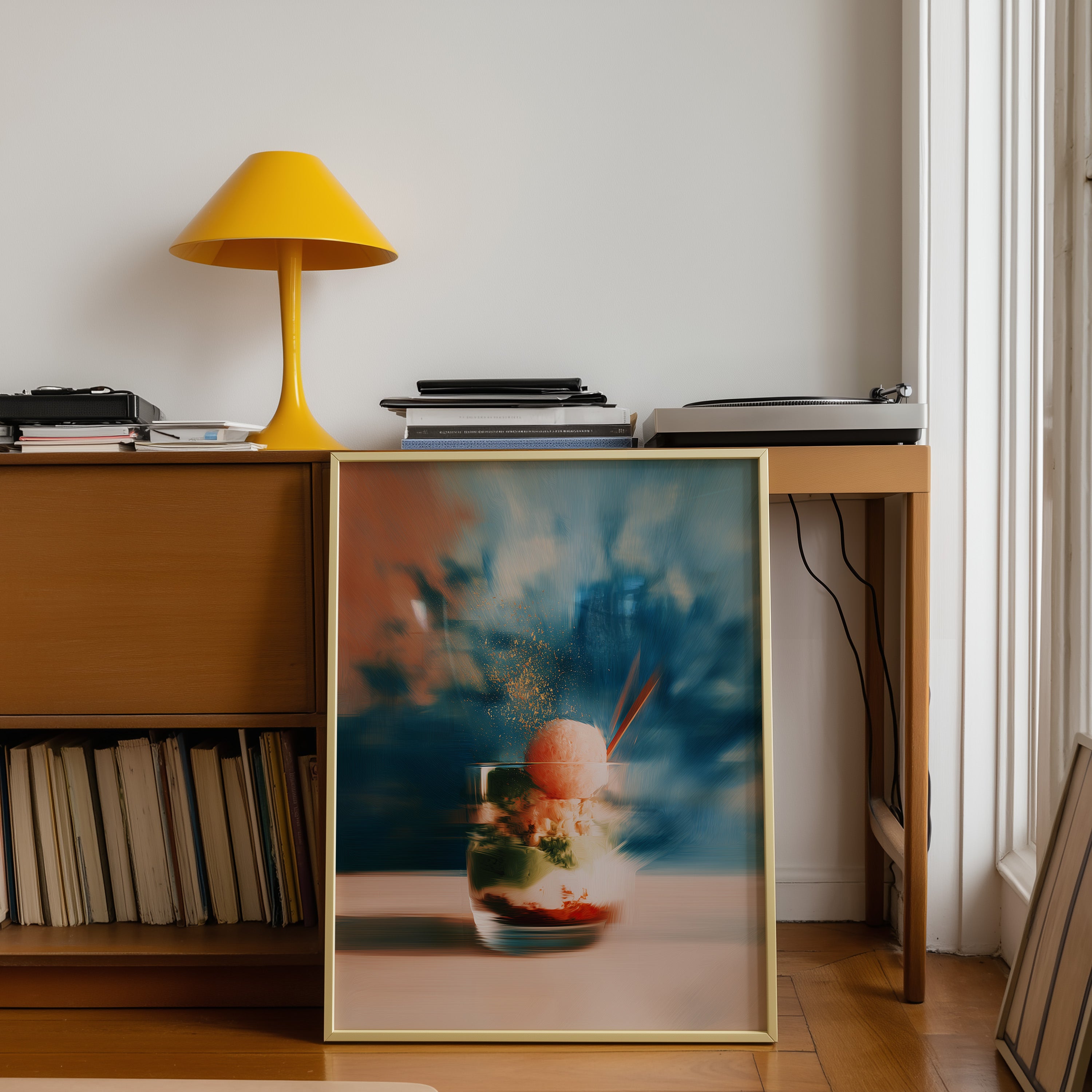 artistic dessert still life in glass with blue and orange abstract background