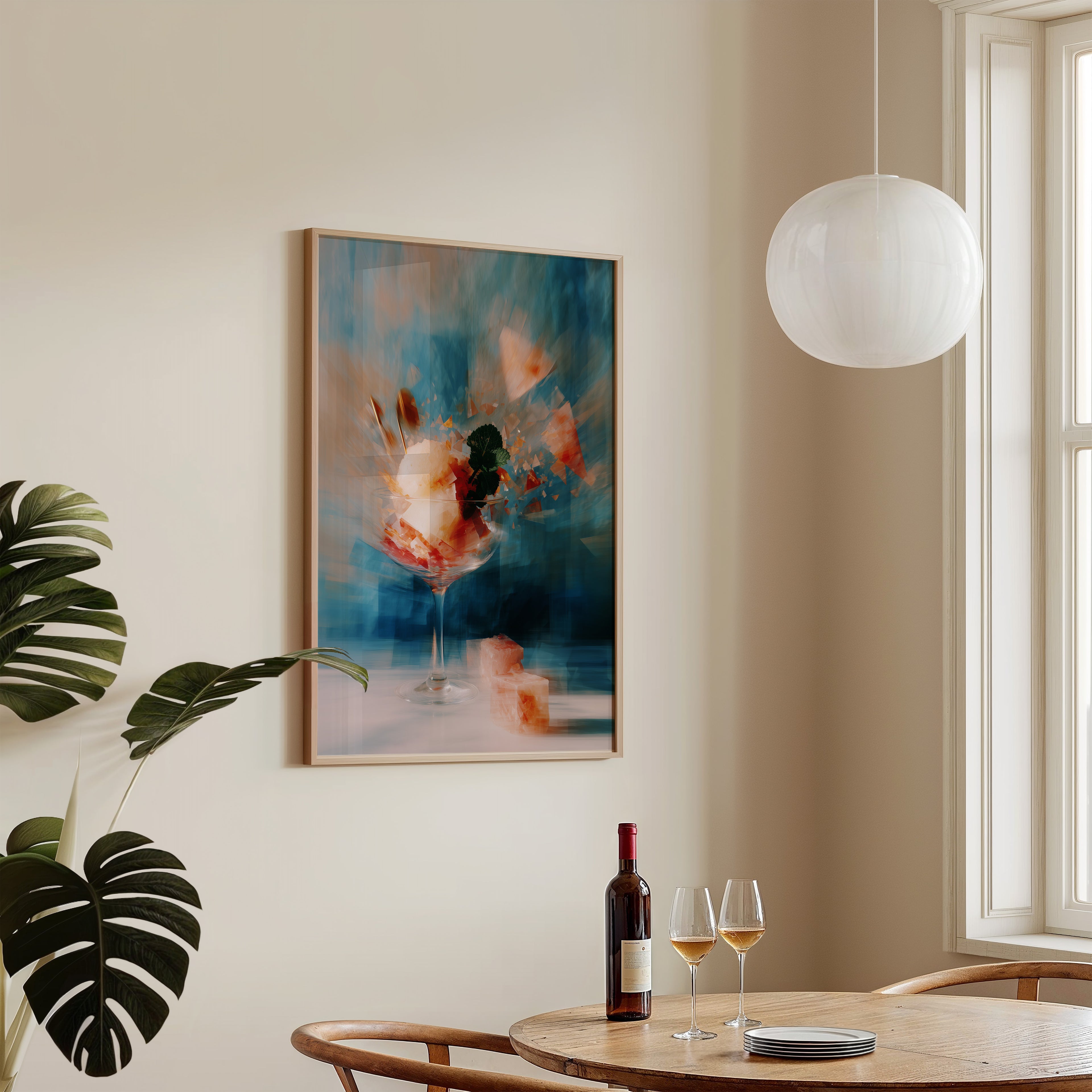contemporary food-inspired art in dramatic blue and warm light setting