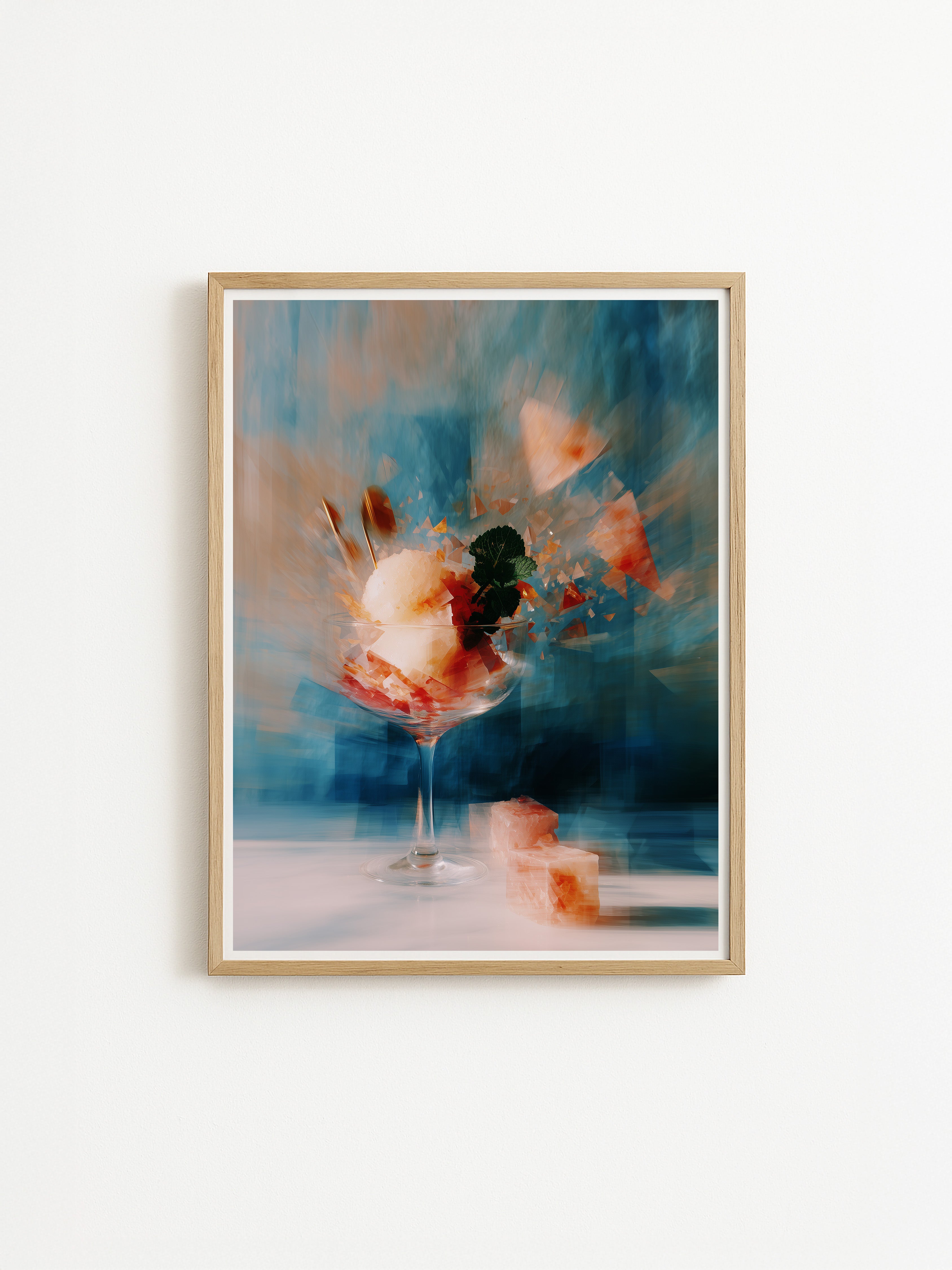 surreal painterly still life featuring layered matcha and peach dessert tones