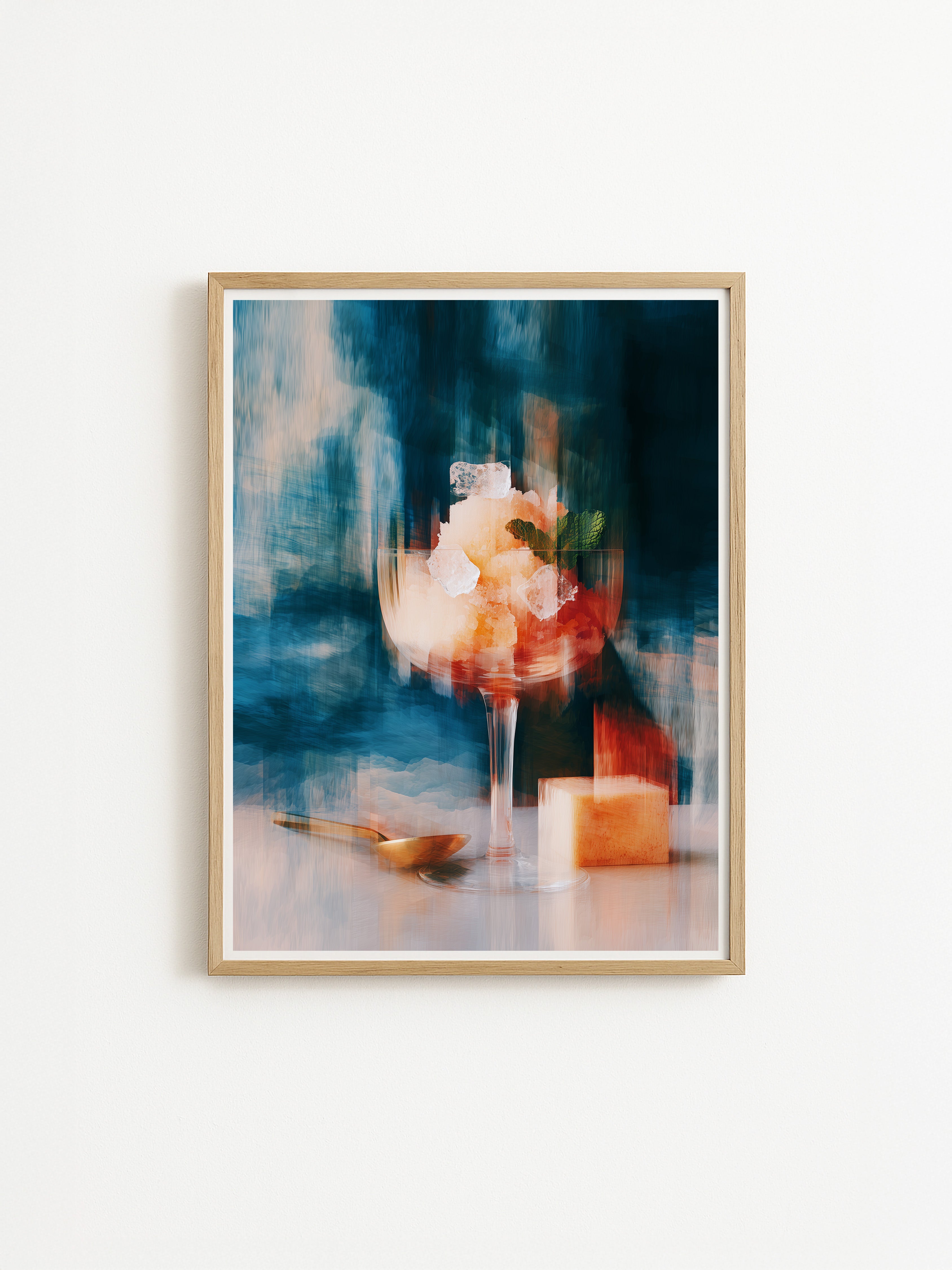 Abstract still life art print with golden glass, coral, and teal tones – modern painterly wall decor with soft motion and elegant glow.