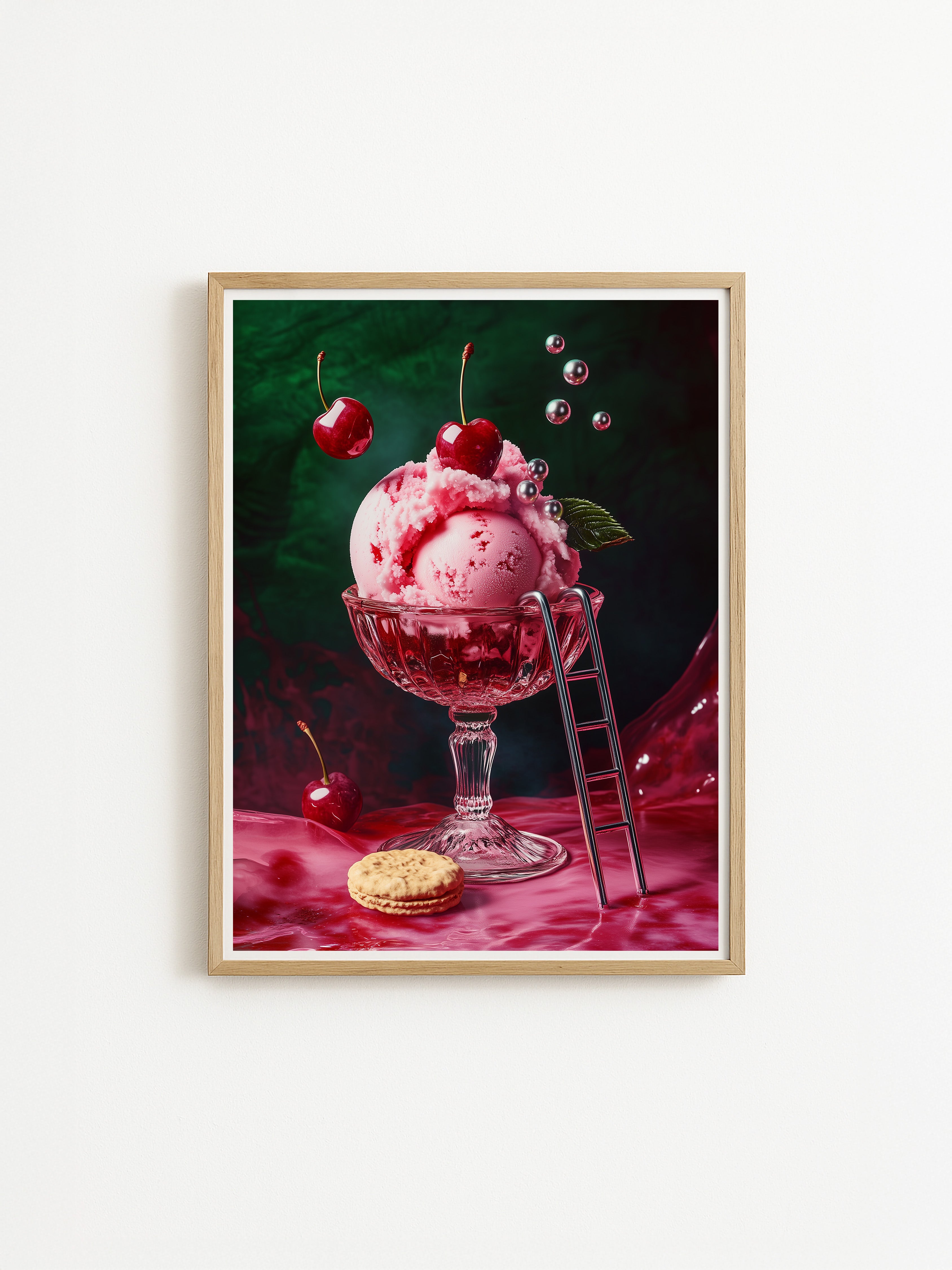 Art print of cherry ice cream dessert in a glass with floating cherries and bubbles – modern pop still life wall decor.