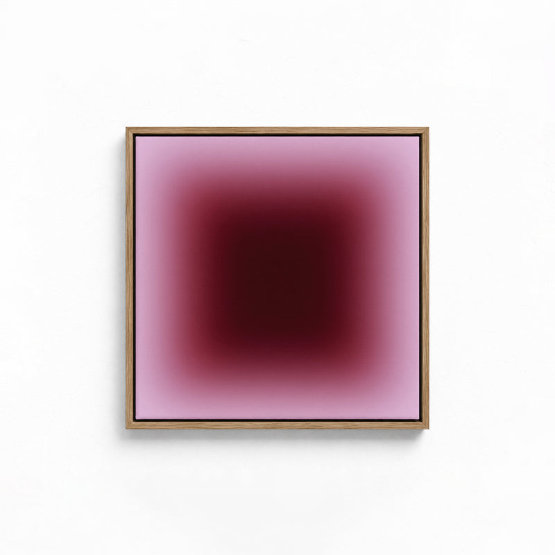 May include: An interior shot featuring a minimalist aesthetic. A black chair sits on a wooden floor beneath a large abstract painting with a brown and white gradient. The room is framed by neutral-colored walls and doorways.
