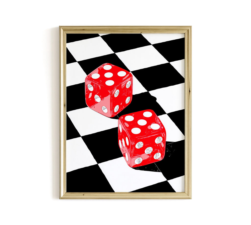 Funky Dice Wall Art, Retro Checkerboard Print, Red Pop Art Poster, Digital Download
