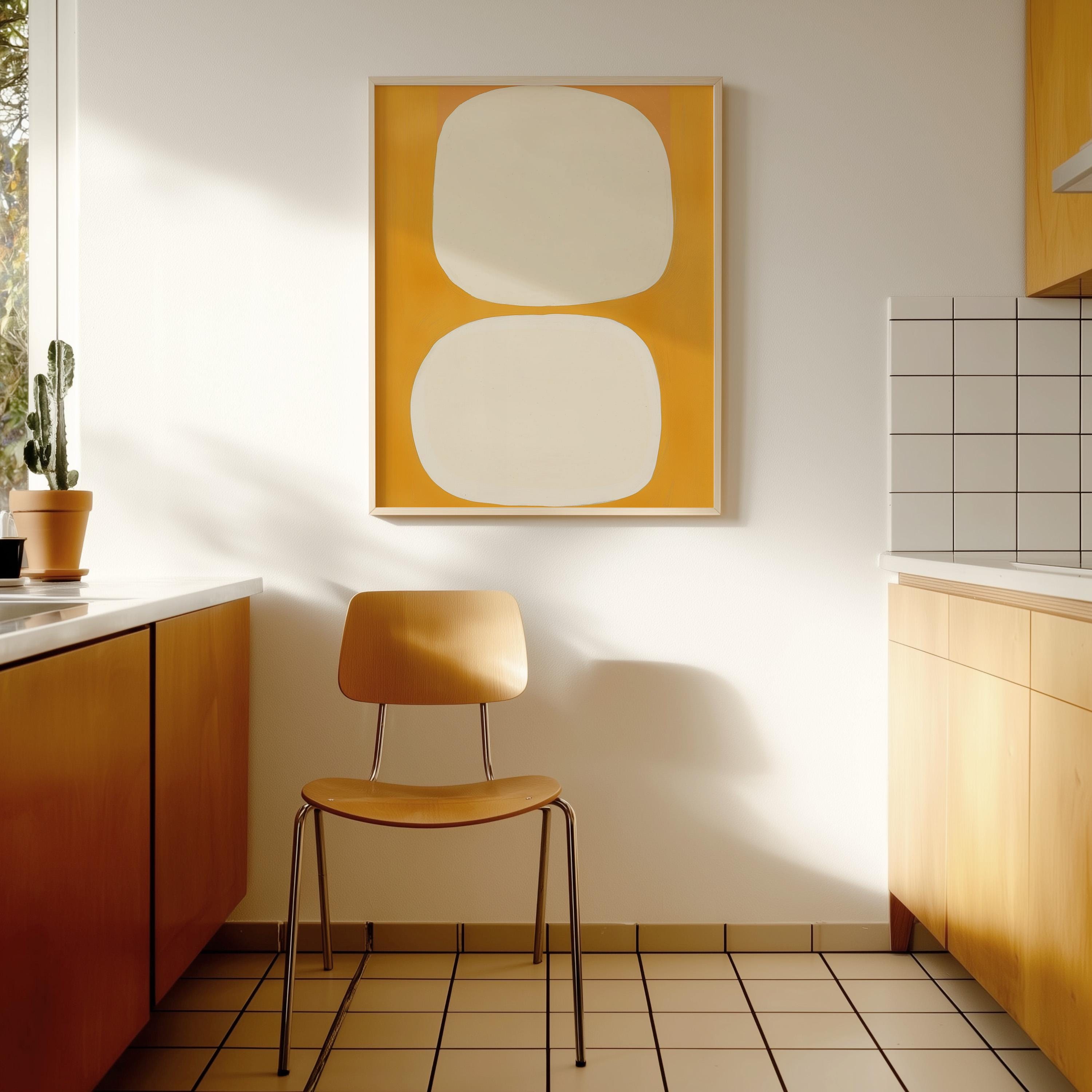 Mid Century Abstract Print, Warm Yellow Organic Shapes, Scandinavian Wall Decor