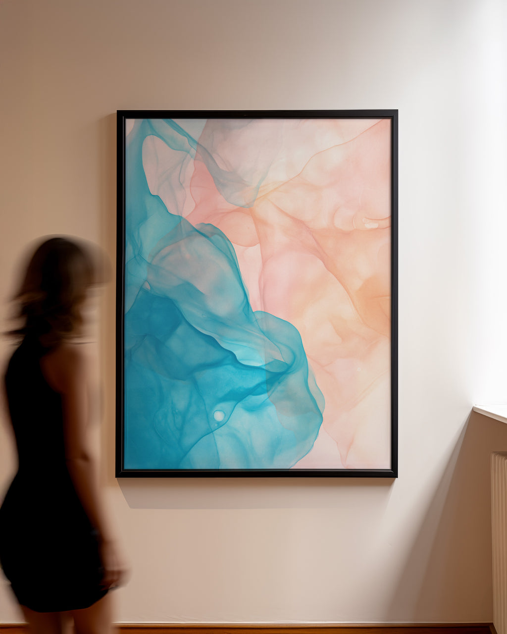 Coastal Peach Abstract in ocean blue and soft peach, watercolor-like layers on white; contemporary coastal decor.