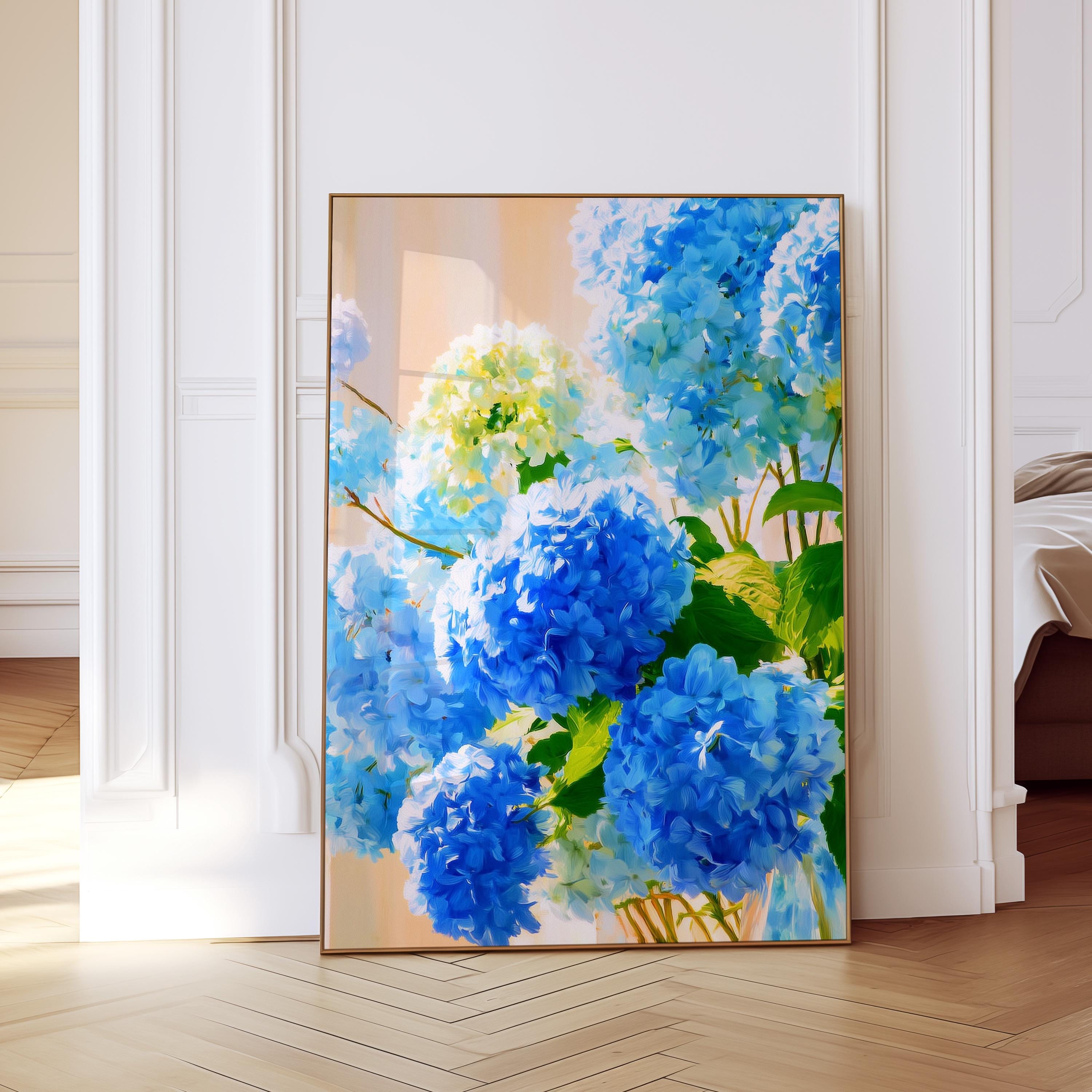 Blue Hydrangea Wall Art, Elegant Blue Floral Print for Living Room Decor