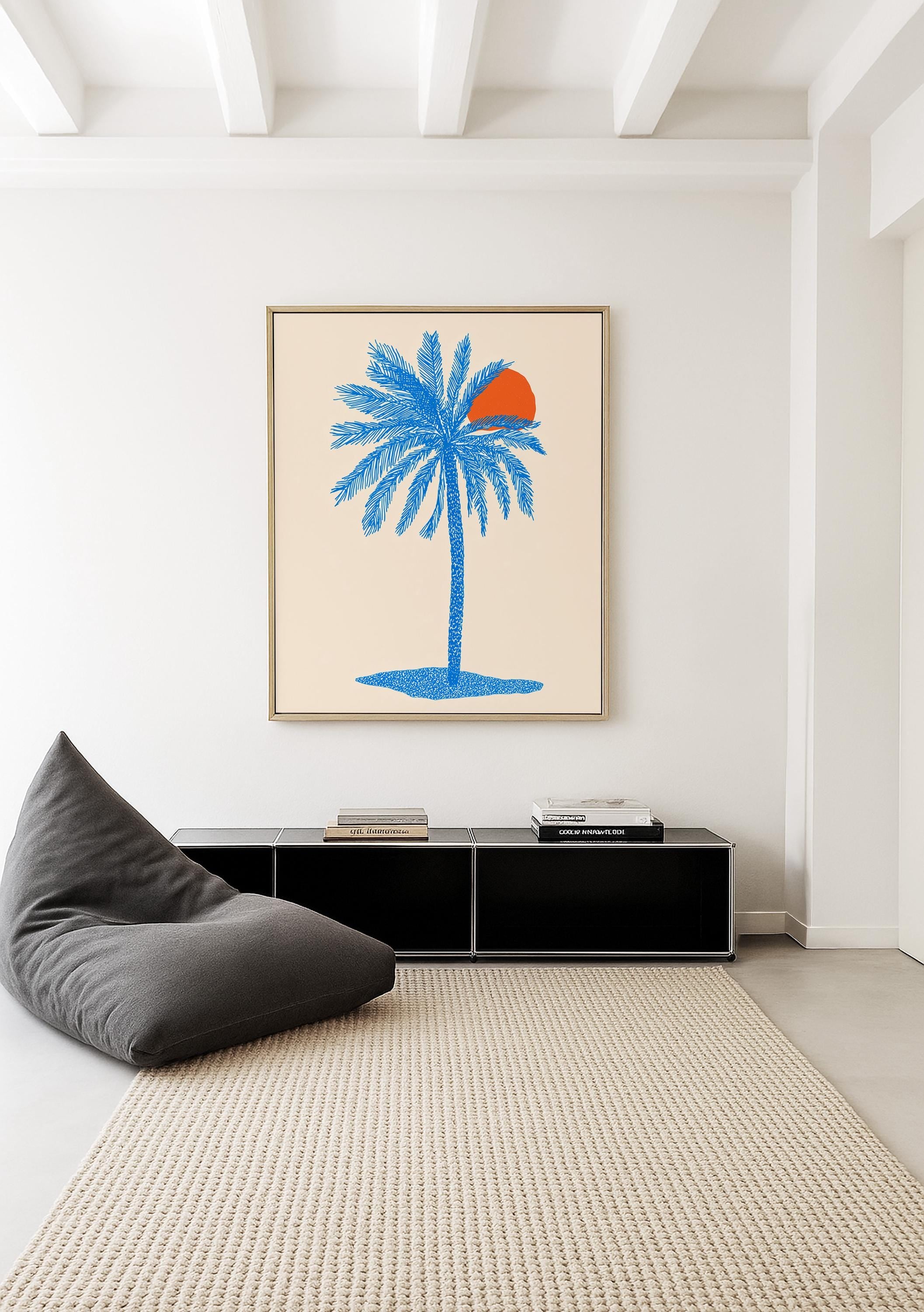 Blue Palm Tree Wall Art Print, Coastal Wall Decor, Tropical Minimalist Art, Beach House Printable, Mediterranean Wall Art