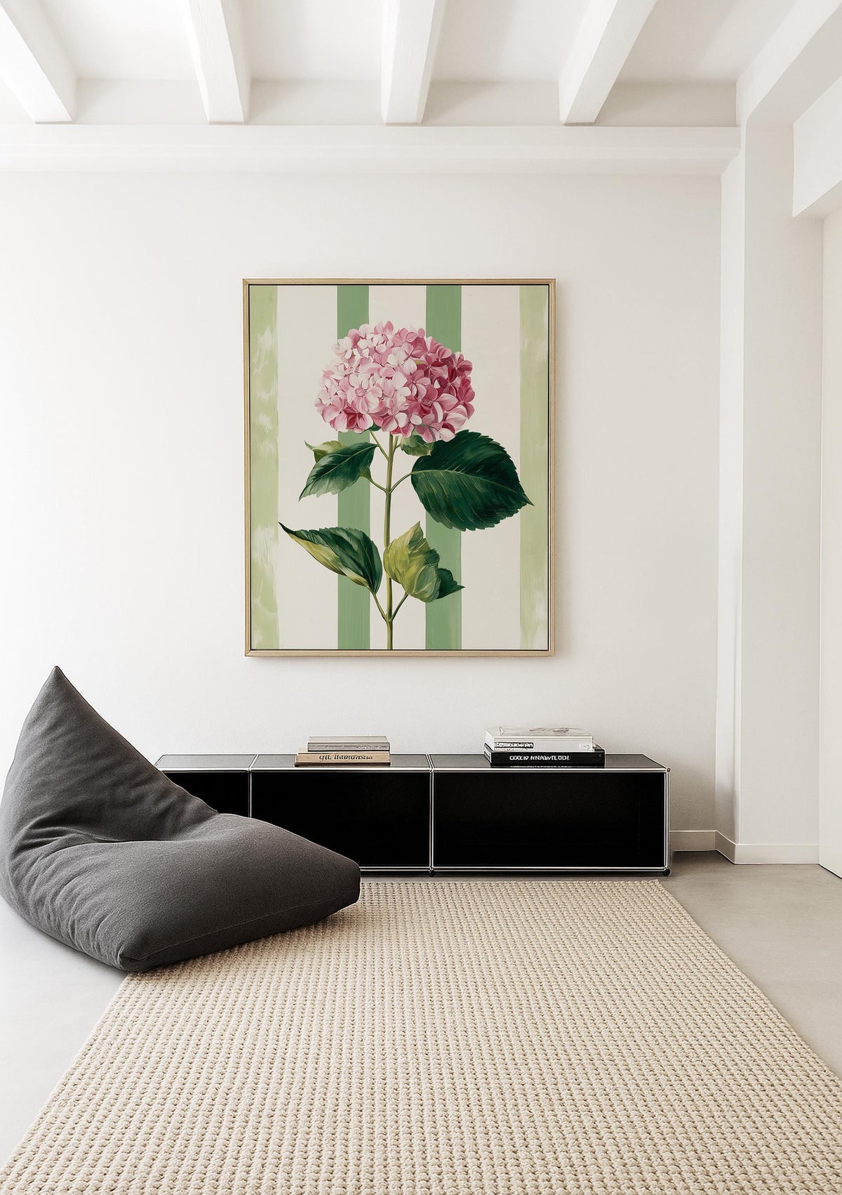 Pink Hydrangea Print, Green Striped Floral Wall Art, Cottage Bedroom Decor, Botanical Flower Art Print