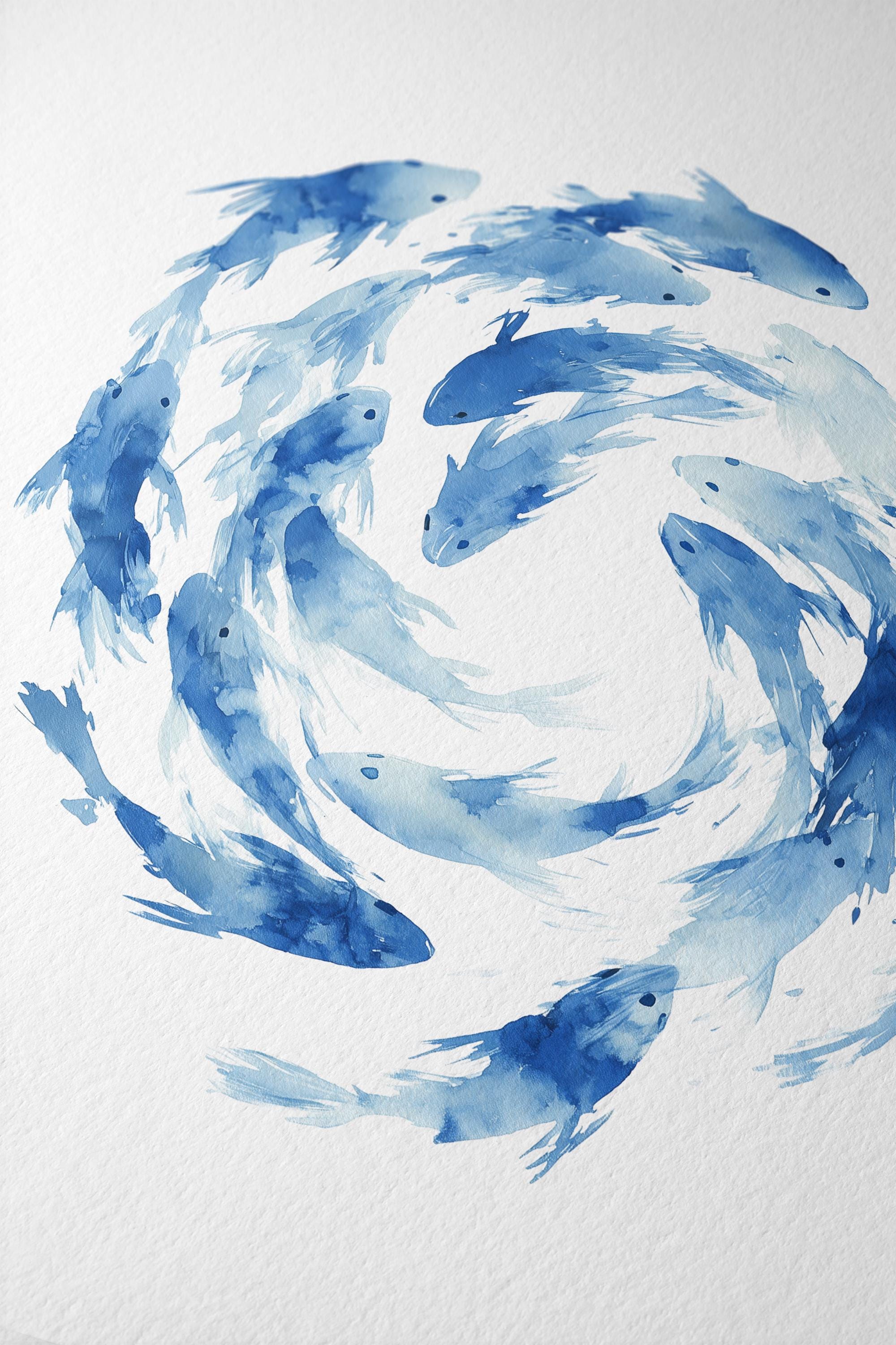 Fish Wall Art Print, Blue Watercolor Fish Poster, Coastal Bathroom Decor