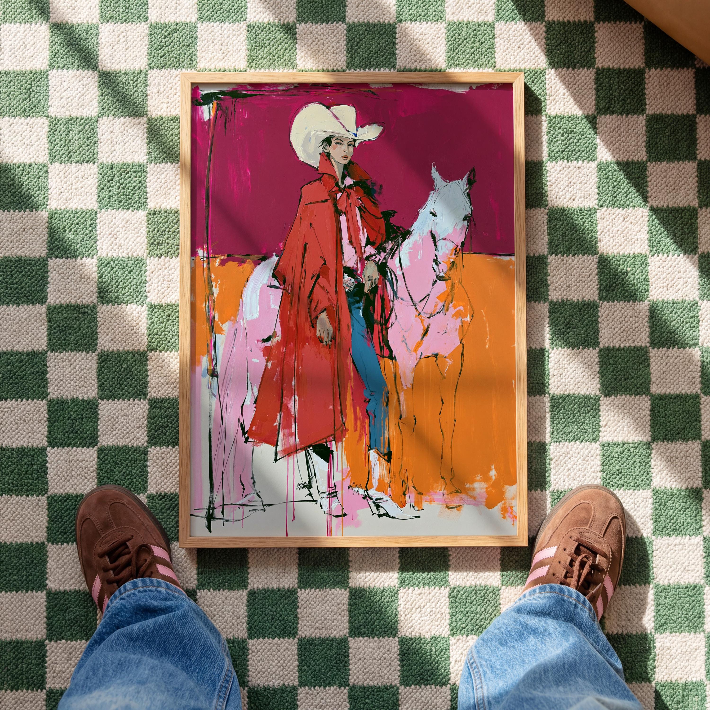 Western Wall Art, Red Cowgirl Print, White Horse Wall Art, Pink Western Decor