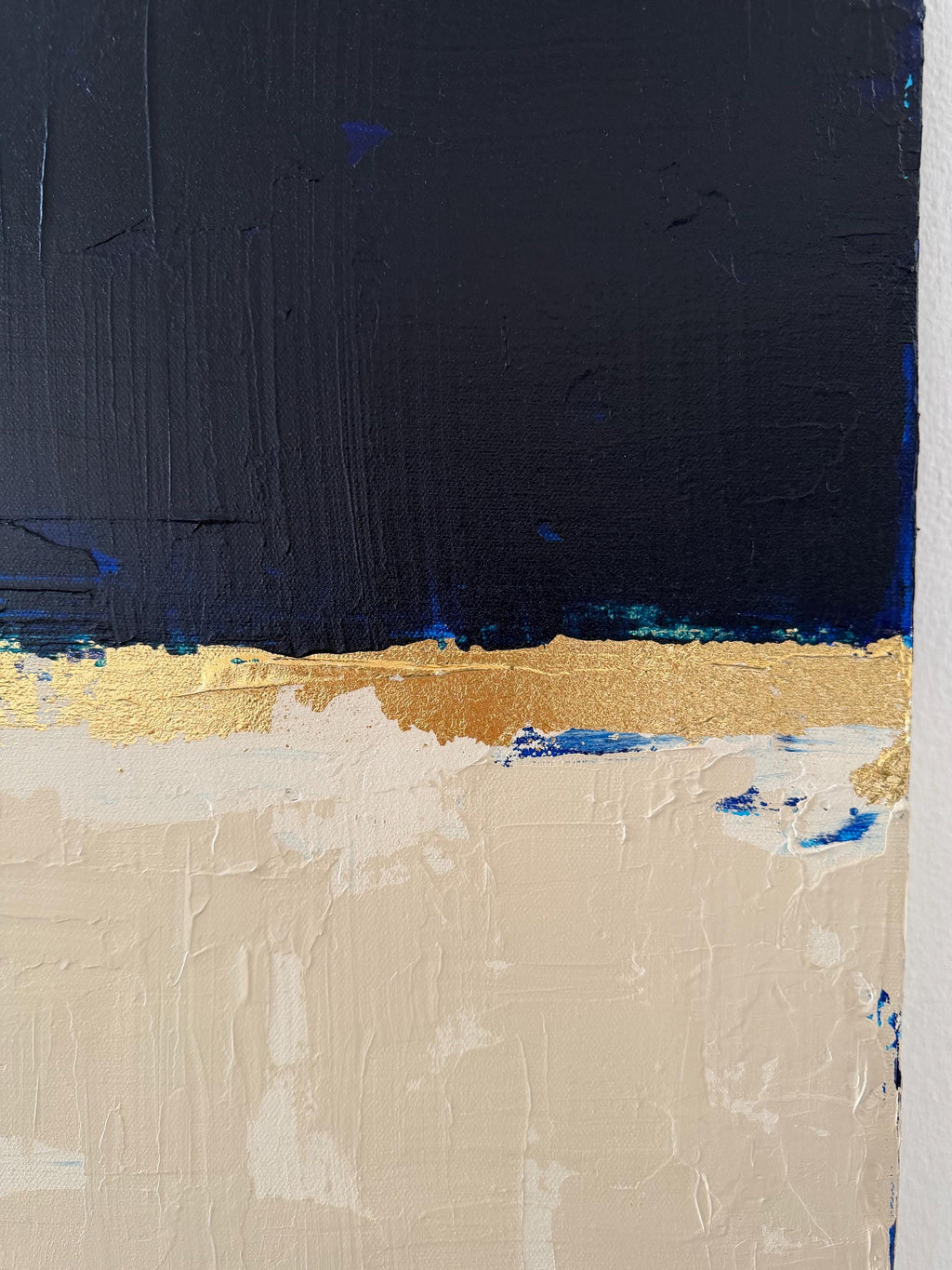 Original Acrylic Painting, Navy Blue Cream Abstract Canvas Art, Gold Leaf Wall Art, Minimalist Modern Painting