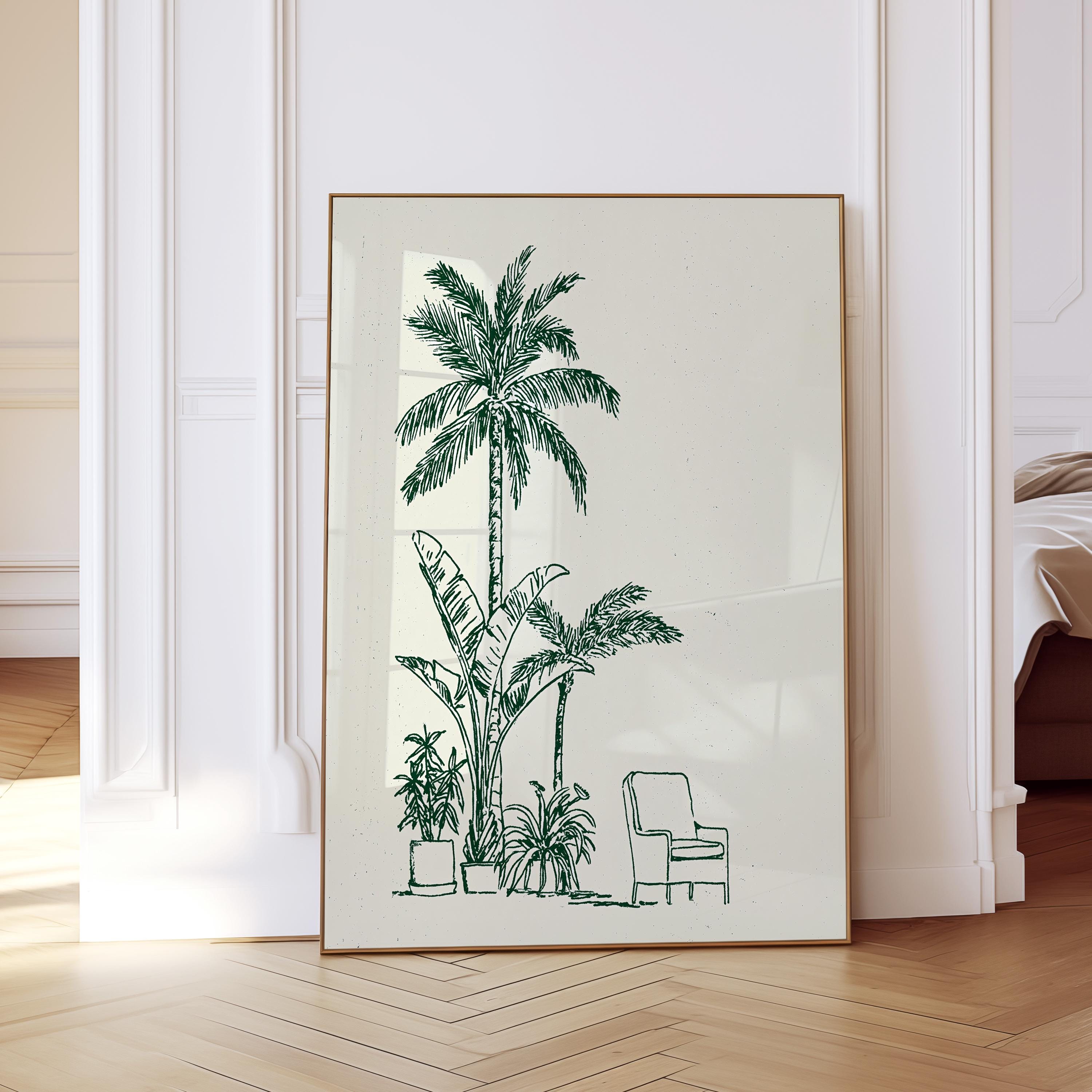 Palm Tree Wall Art Print, Minimal Botanical Line Art, Green Tropical Decor