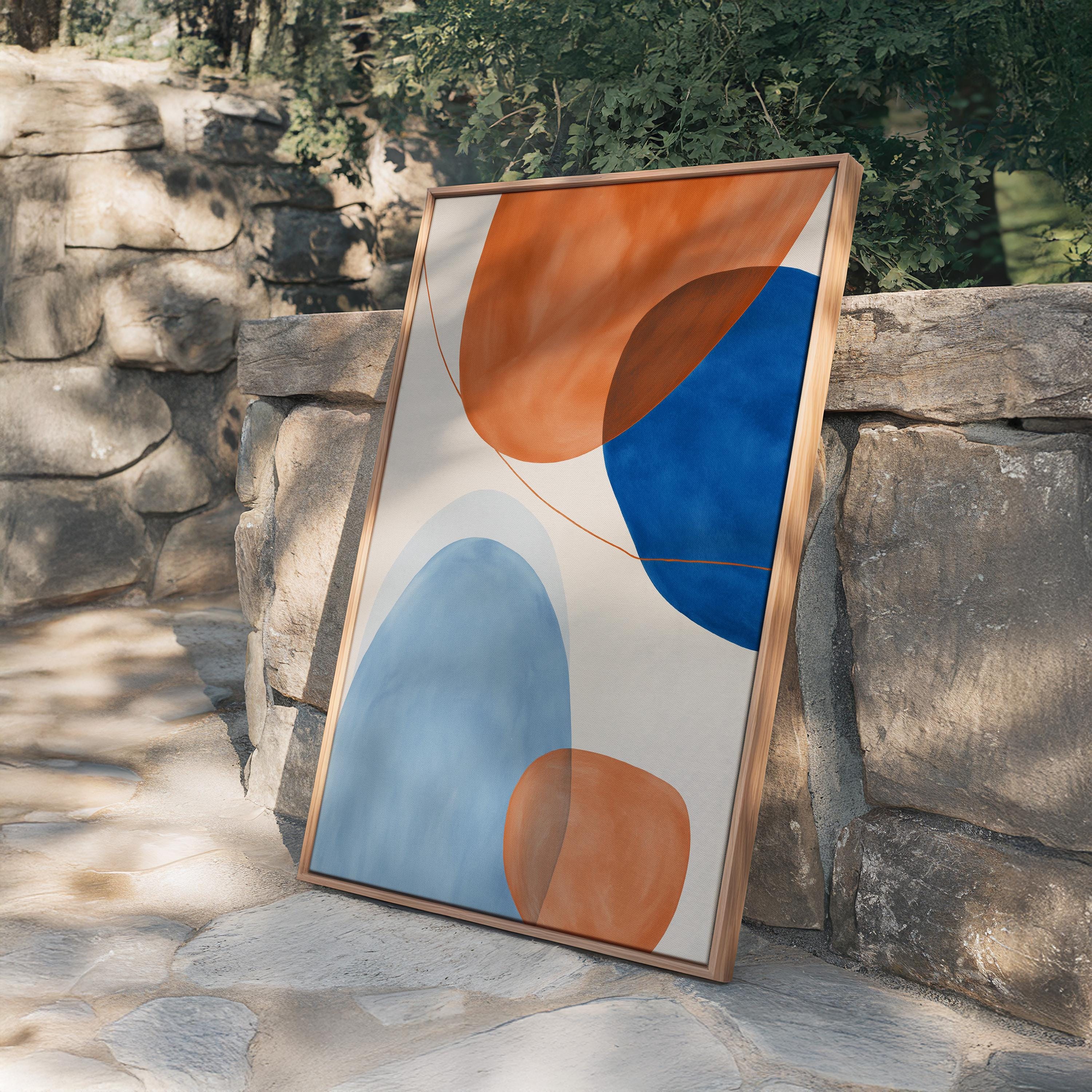 Orange Blue Abstract Art Print, Mid Century Modern Geometric Wall Decor