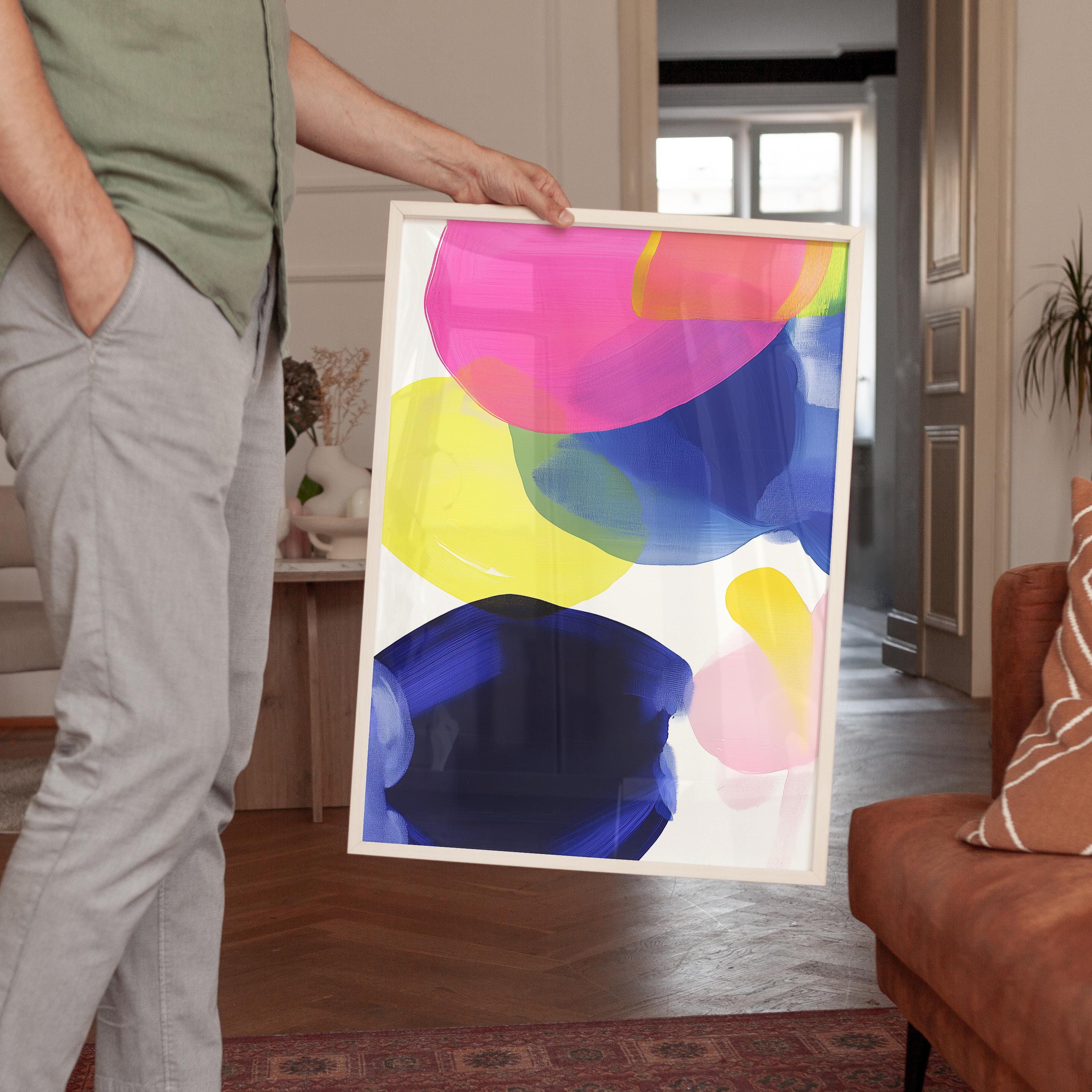 Colorful Abstract Wall Art, Pink Yellow Blue Brushstroke Print, Modern Bold Decor