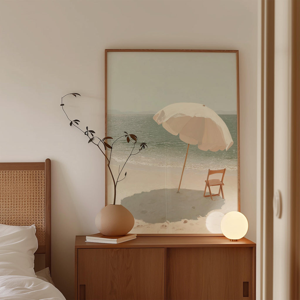 Beach Umbrella Art Print, Calm Ocean Poster, Neutral Seaside Wall Decor