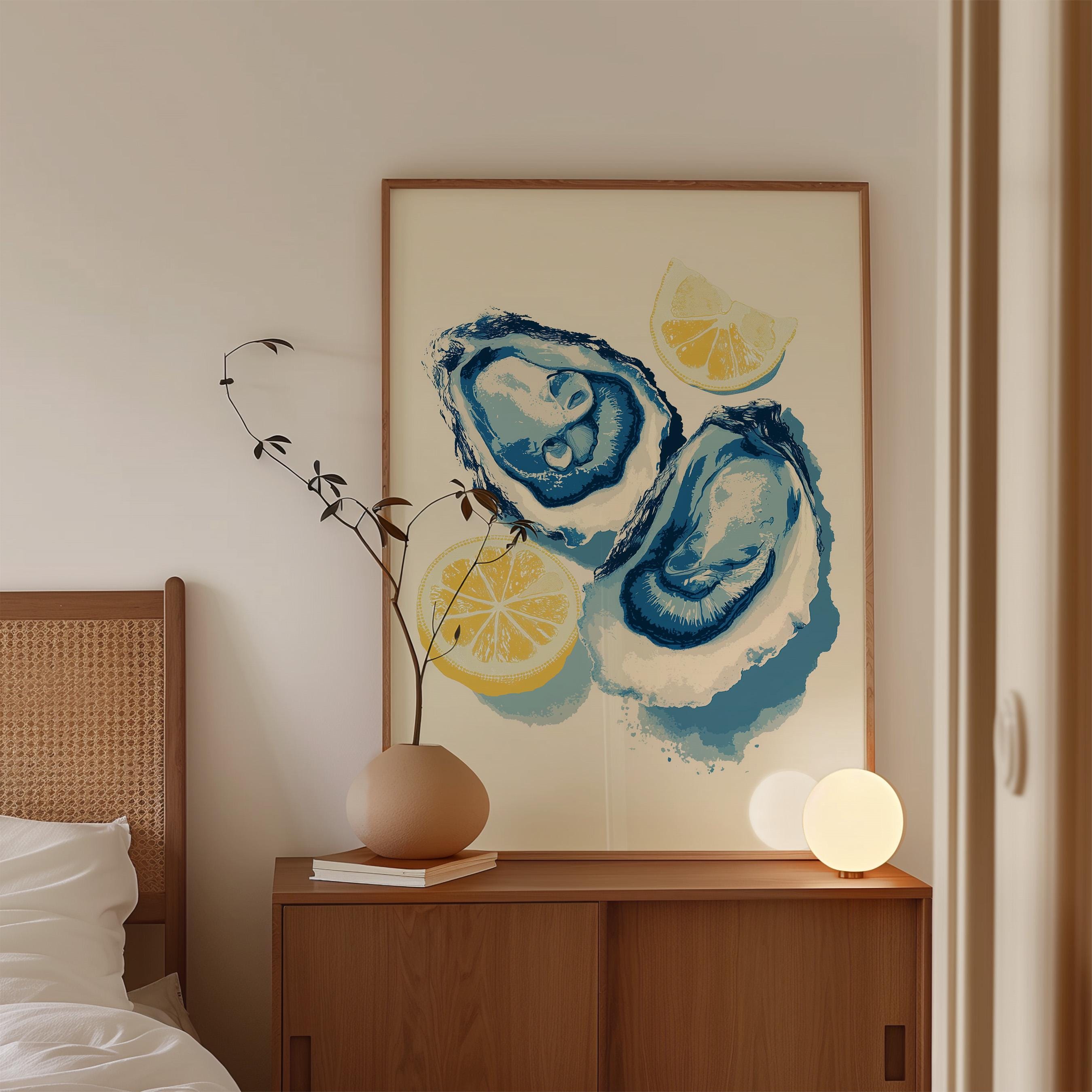 Oyster Wall Art Print, Lemon Seafood Poster, Coastal Kitchen Decor
