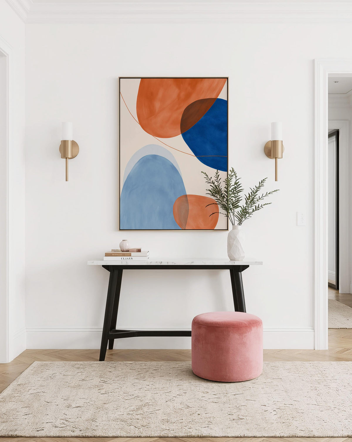 Orange Blue Abstract Art Print, Mid Century Modern Geometric Wall Decor
