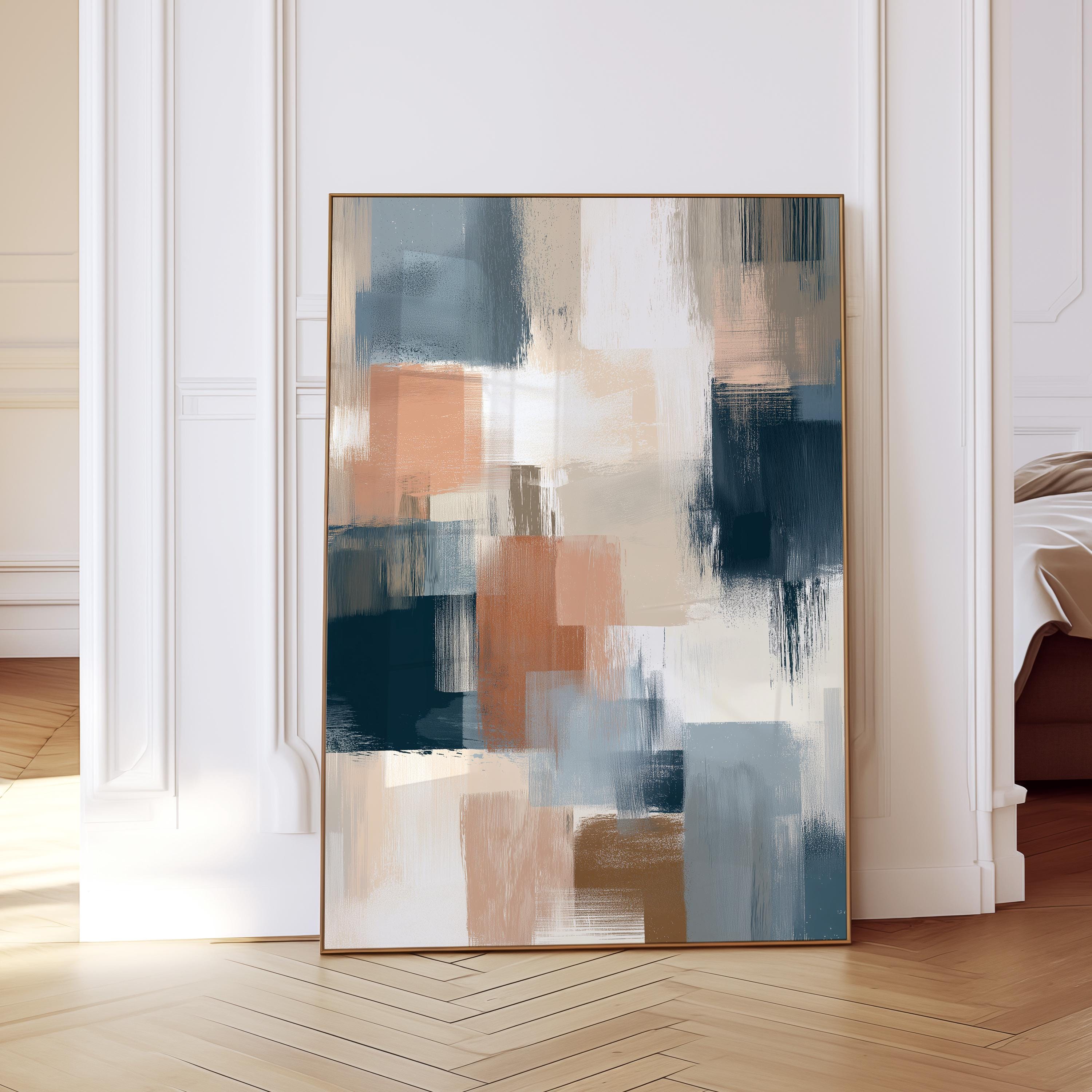 Neutral Abstract Art Print, Modern Brushstroke Wall Art, Beige Blue Color Block Decor