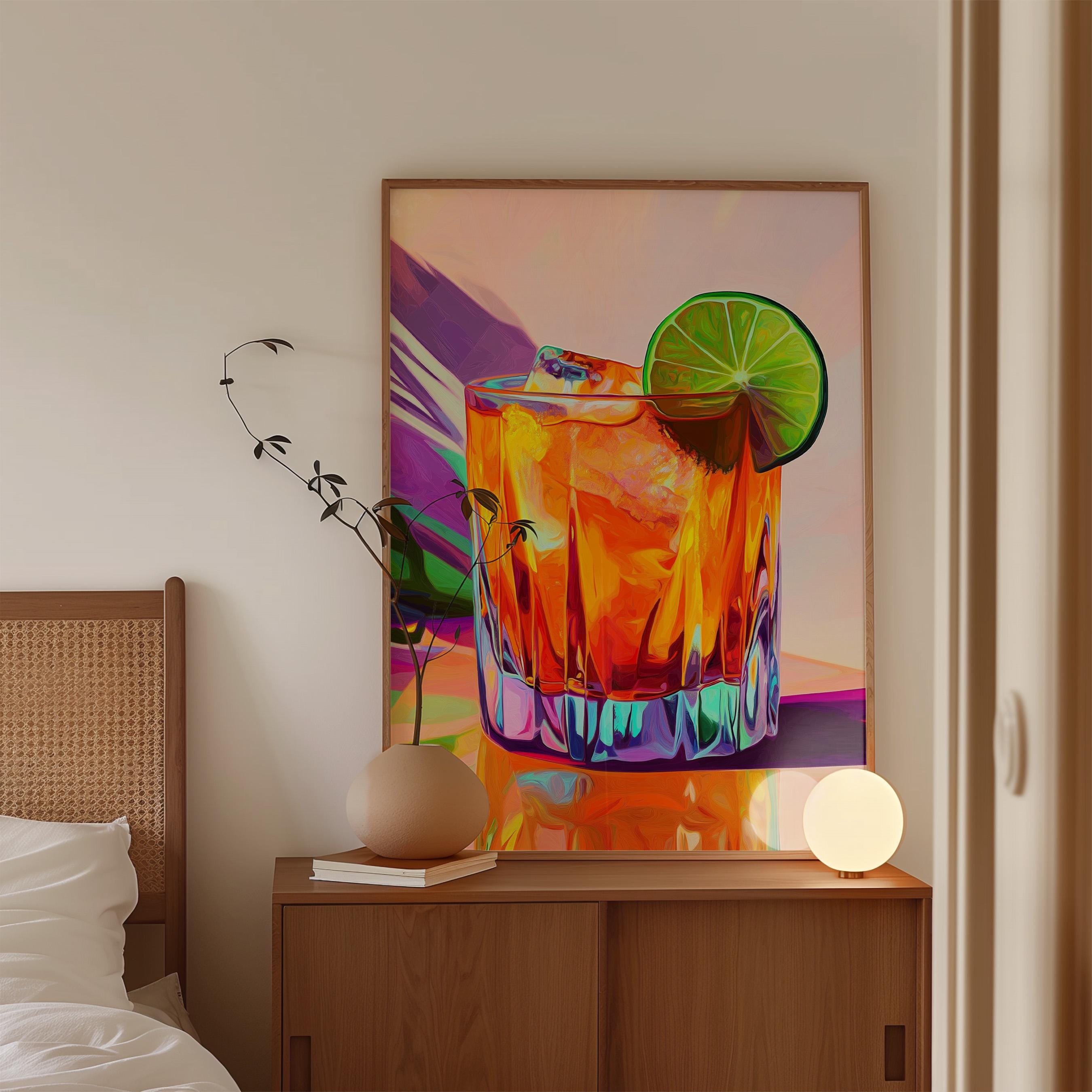 Lime Cocktail Art Print, Orange Drink Poster, Colorful Home Bar Decor