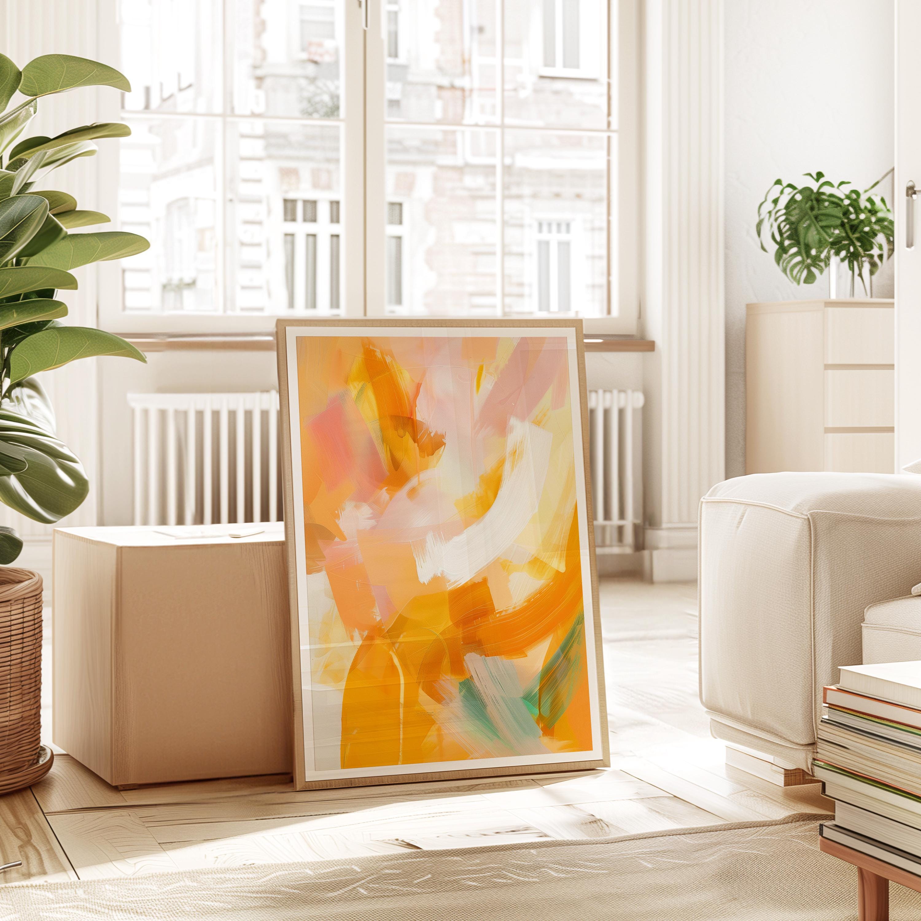 Yellow Orange Abstract Wall Art, Warm Brushstroke Print, Modern Painterly Decor