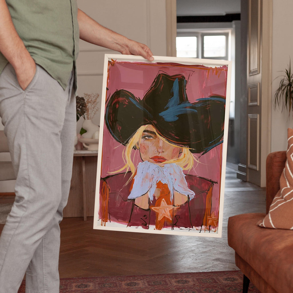Black Hat Cowgirl Art Print, Pink Western Portrait, Cowgirl Wall Decor, Western home decor