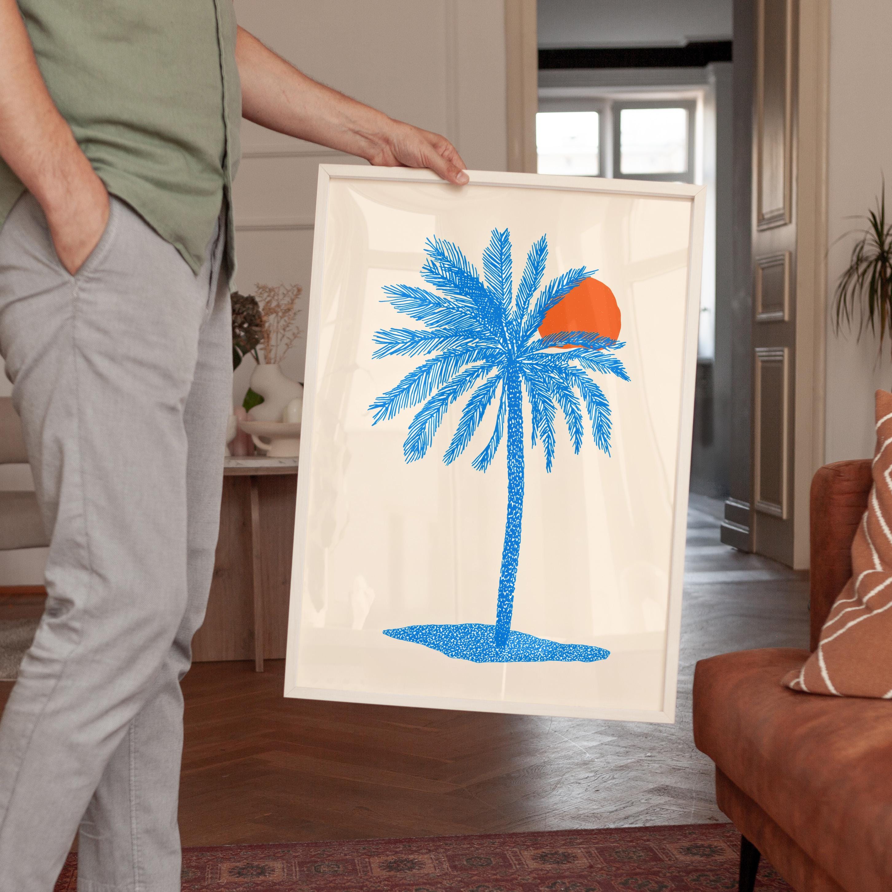 Blue Palm Tree Wall Art Print, Coastal Wall Decor, Tropical Minimalist Art, Beach House Printable, Mediterranean Wall Art