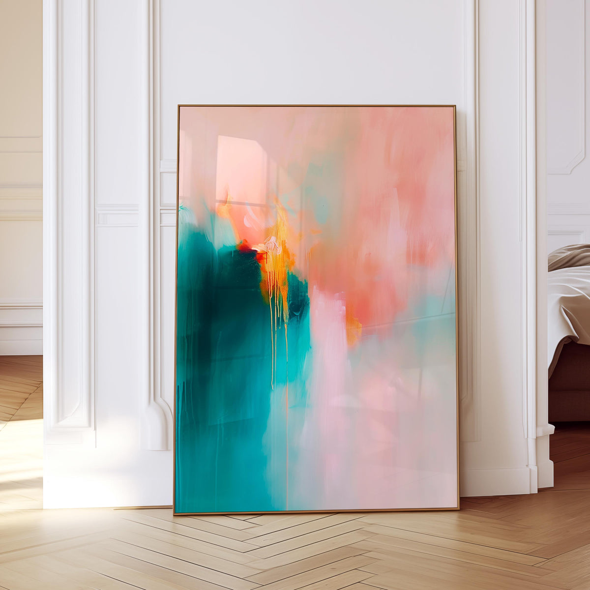Teal Abstract Art Print, Coral Pink Painting, Modern Colorful Wall Decor