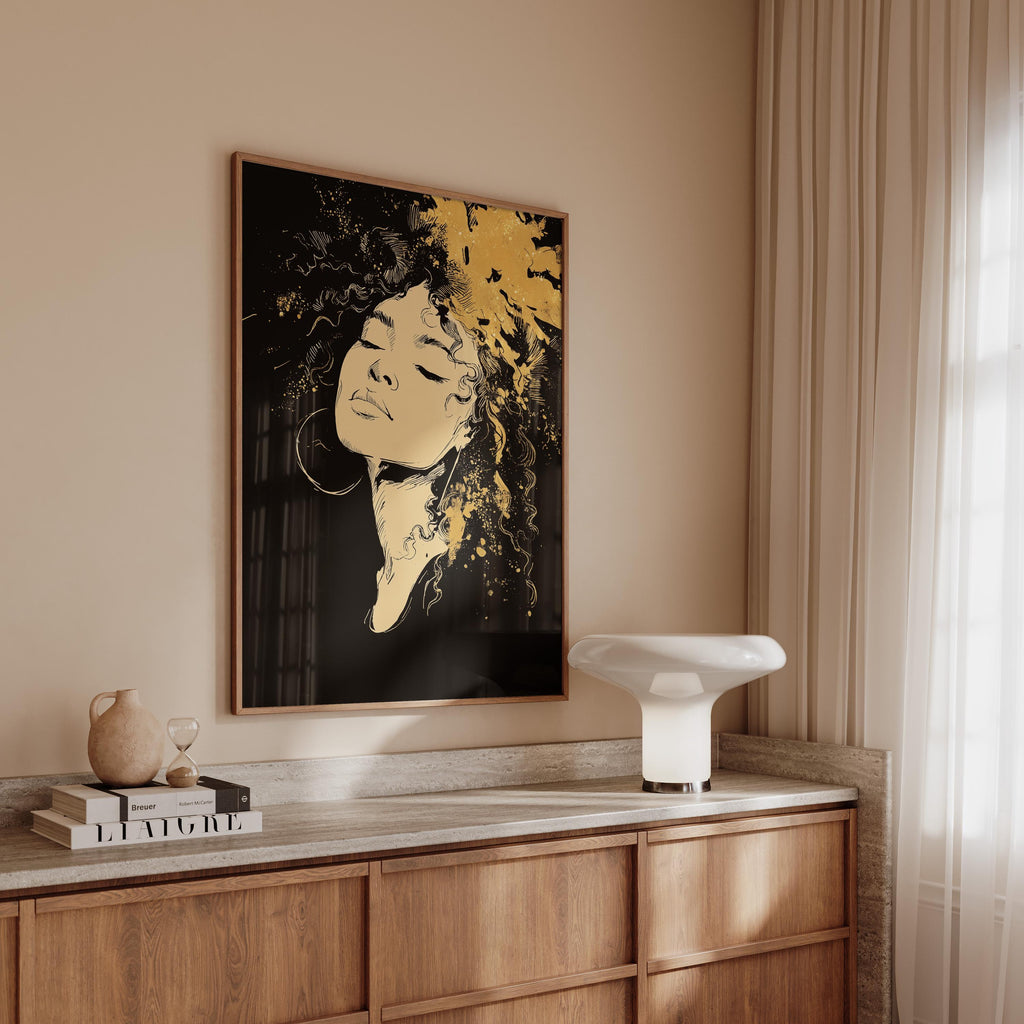 Black Gold Art Print, Woman Portrait Wall Art, Modern Afrocentric Decor