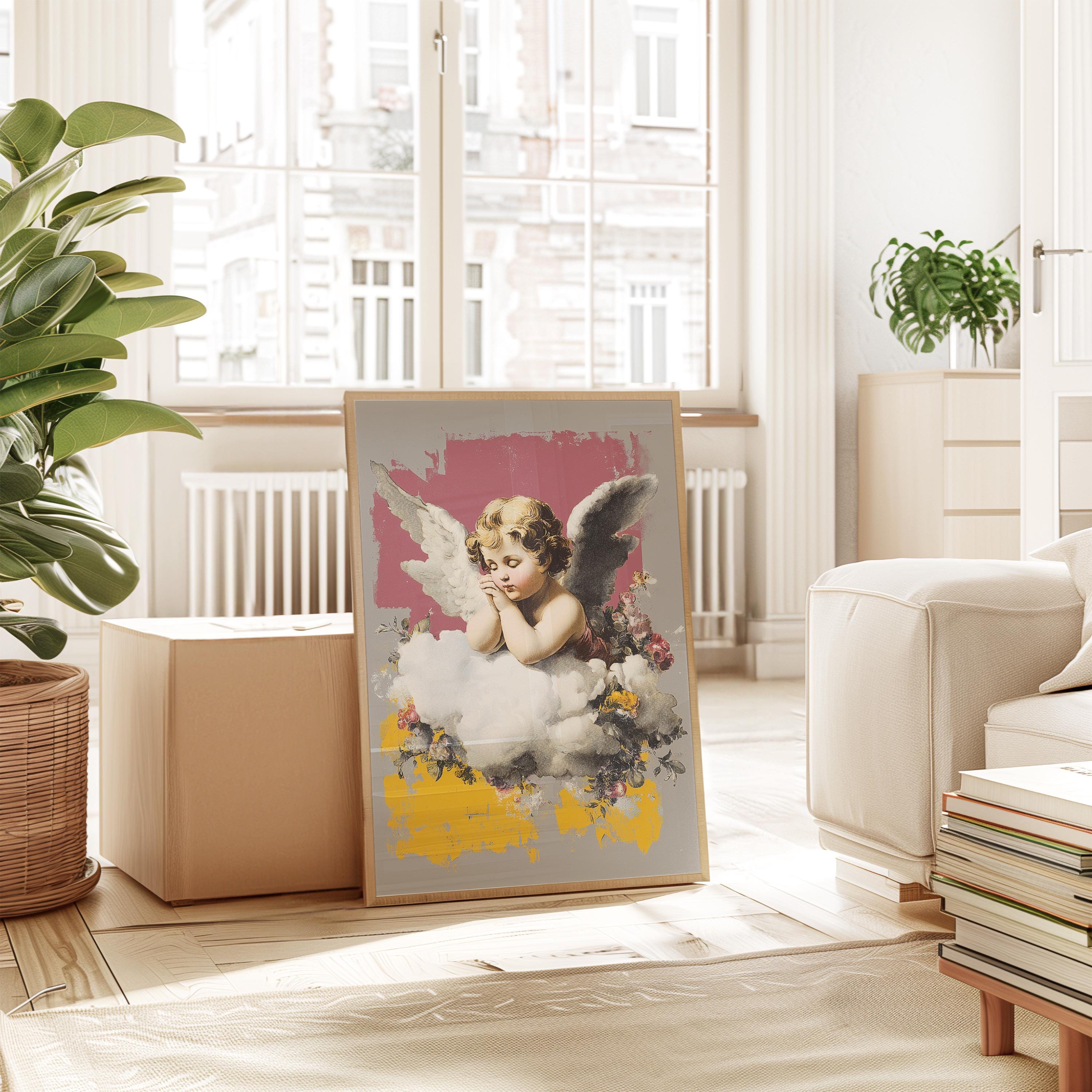 Vintage Cherub Wall Art Print, Christian Angel Poster, Faith Inspired Pink Gold Decor, Heavenly Printable Artwork