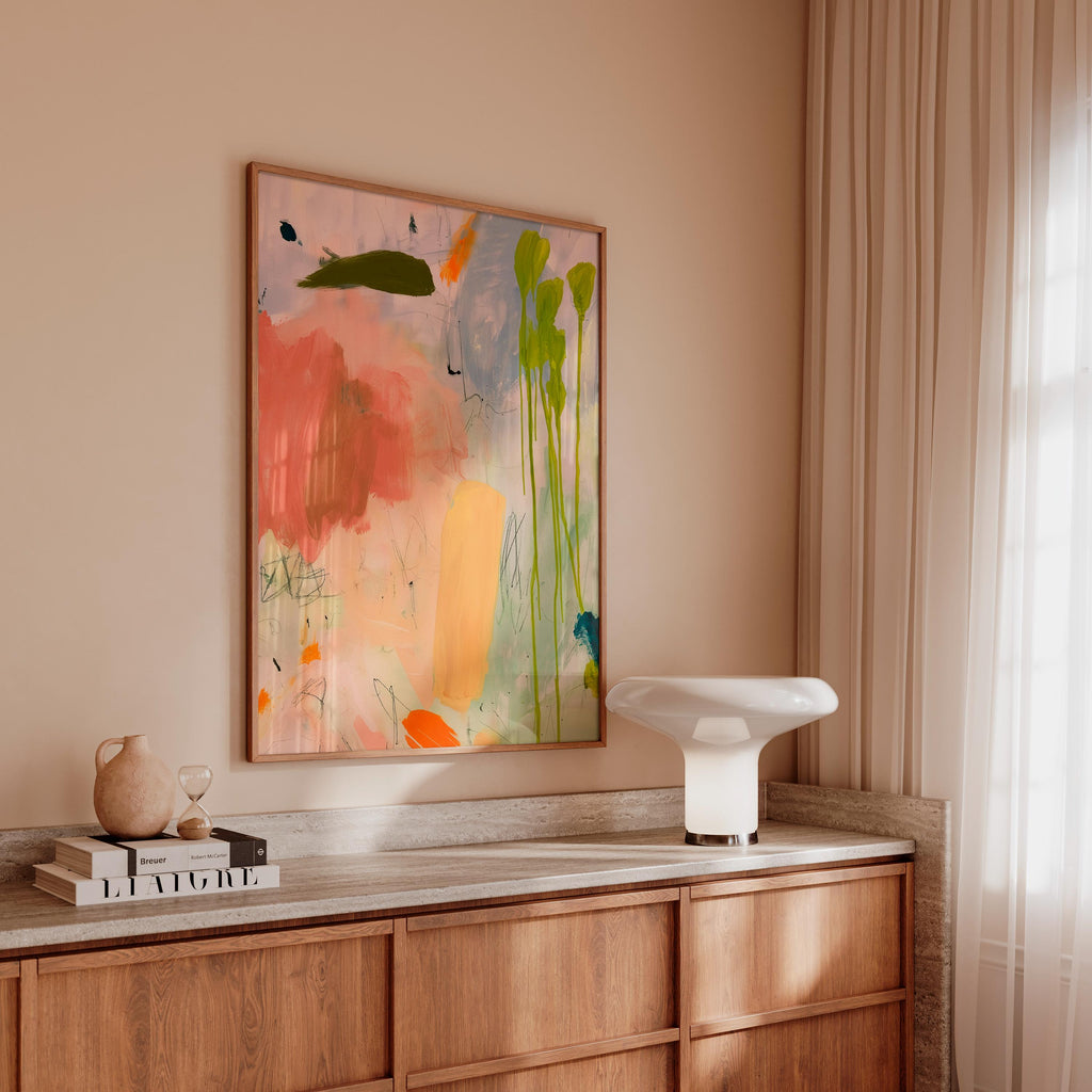 Pastel Abstract Art Print, Coral Green Painterly Poster, Soft Modern Wall Decor