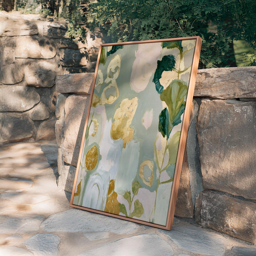 Sage Green Floral Art Print, Gold Abstract Botanical Painting, Soft Wall Decor