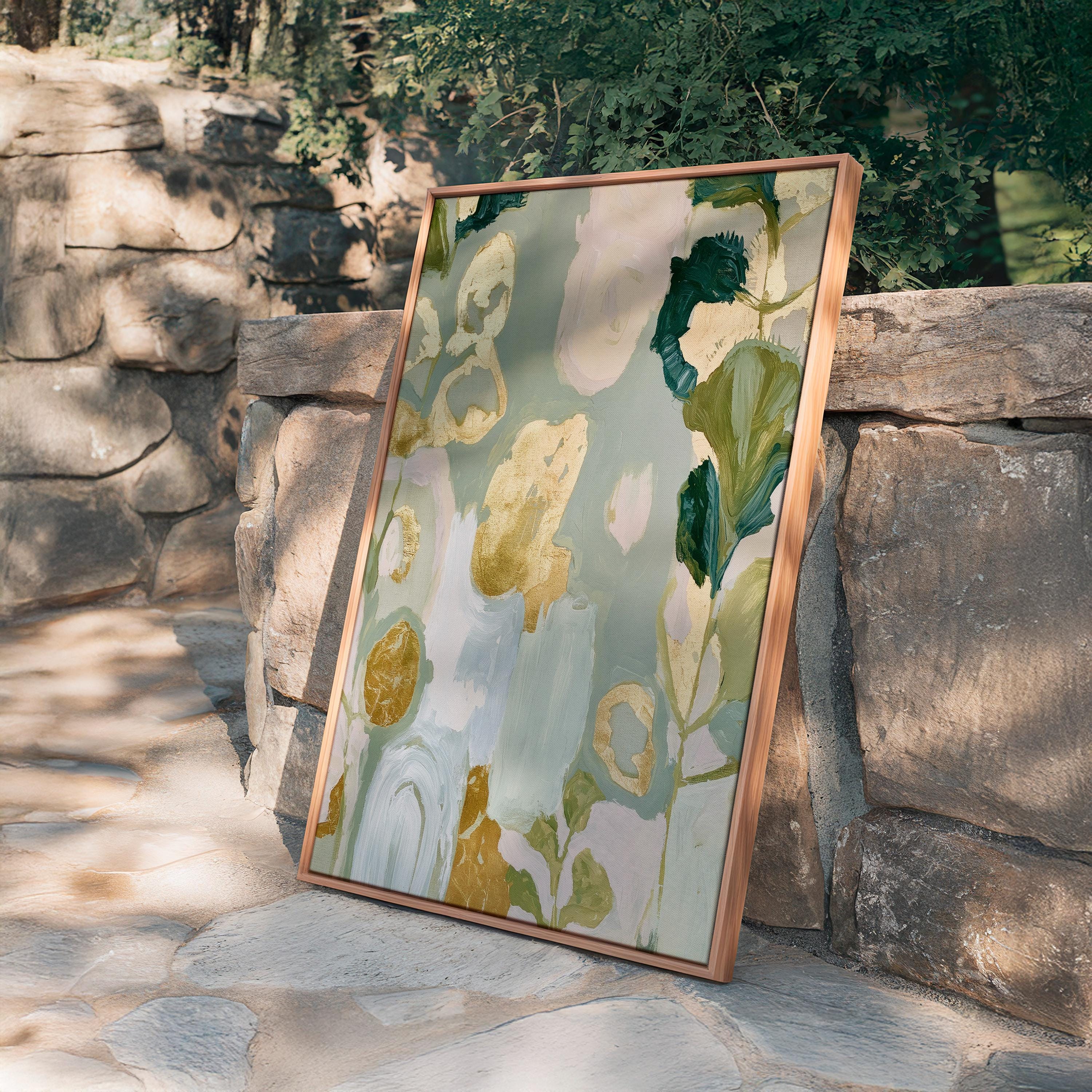 Sage Green Floral Art Print, Gold Abstract Botanical Painting, Soft Wall Decor