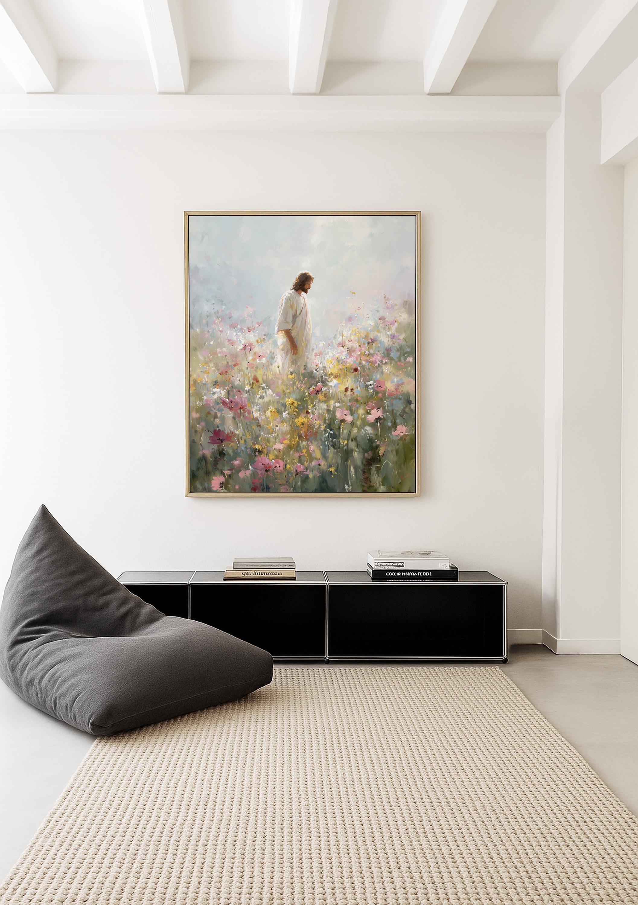 Jesus in Wildflower Field Print, Christian Wall Art, Faith Inspired Floral Painting, Bible Decor Printable Wall Art