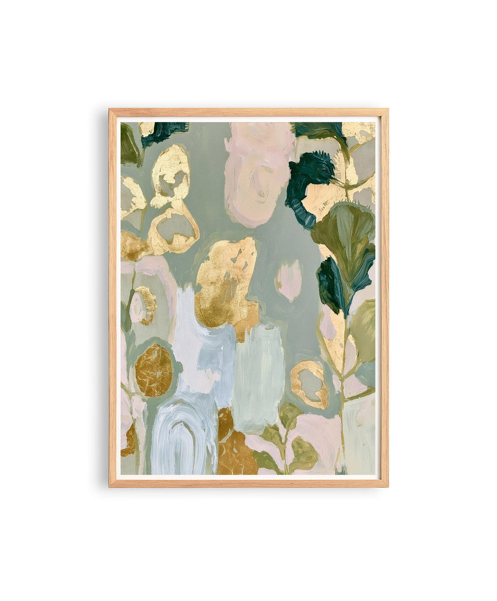 Sage Green Floral Art Print, Gold Abstract Botanical Painting, Soft Wall Decor