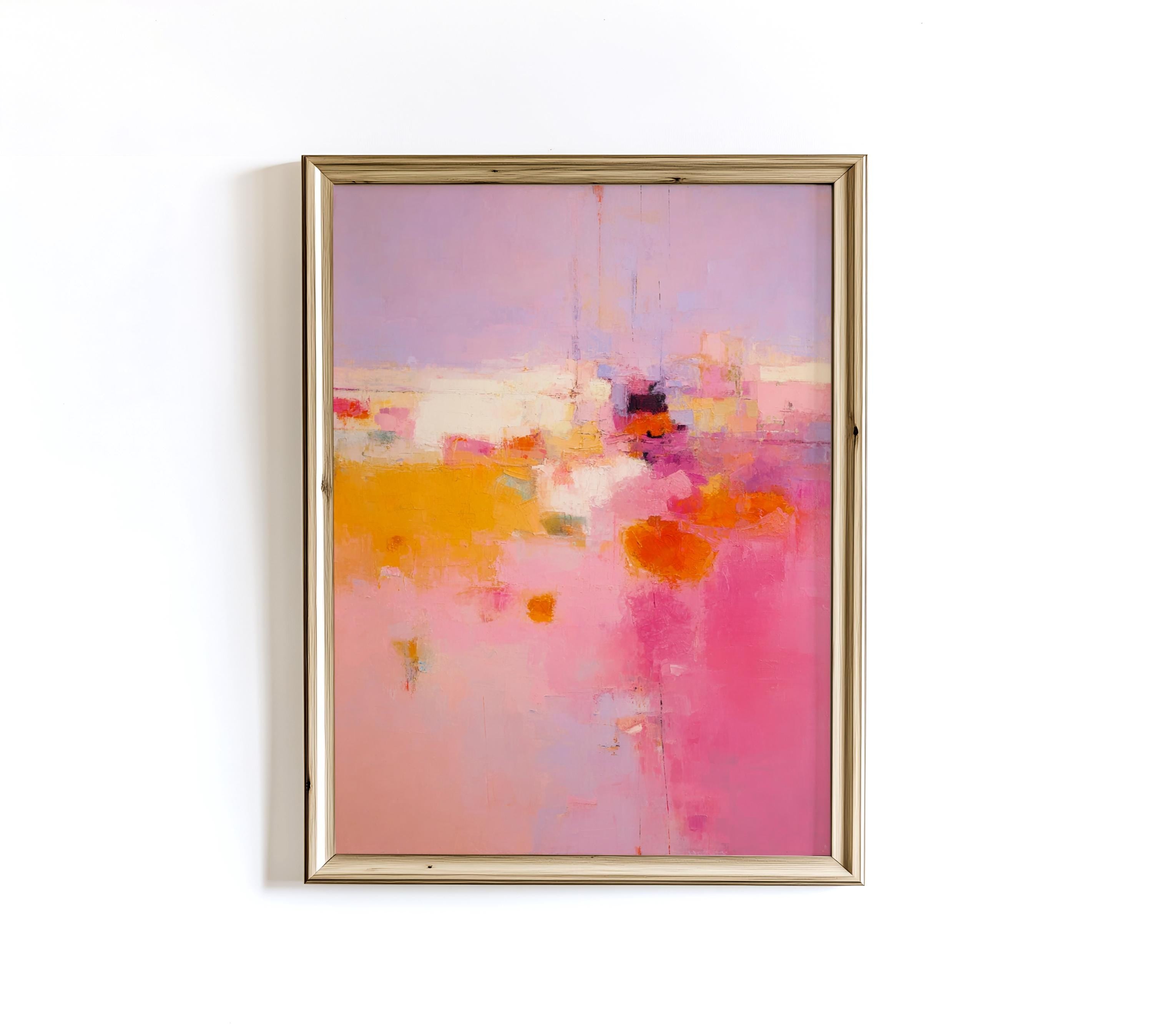 May include: Abstract painting in a gold frame. The artwork features a blend of colors, including pink, orange, yellow, and purple. The brushstrokes create a textured effect, with the colors blending to create a landscape-like composition.