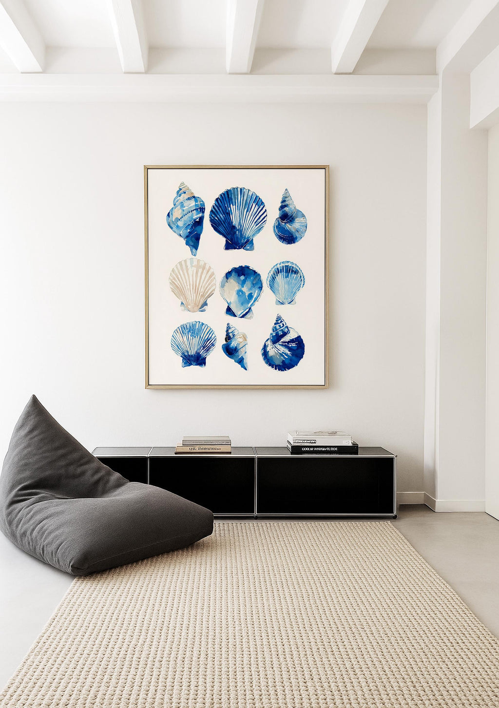 Blue Seashell Art Print, Coastal Bathroom Poster, Ocean Shell Wall Decor