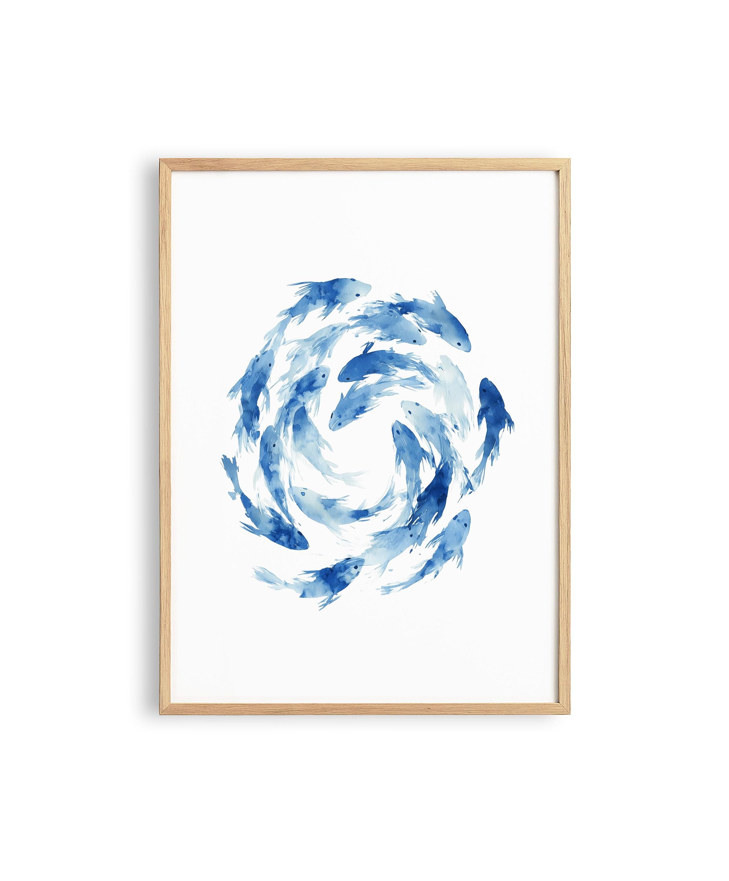 Fish Wall Art Print, Blue Watercolor Fish Poster, Coastal Bathroom Decor