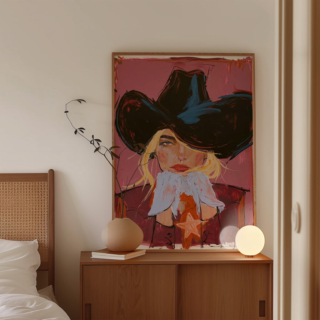Black Hat Cowgirl Art Print, Pink Western Portrait, Cowgirl Wall Decor, Western home decor