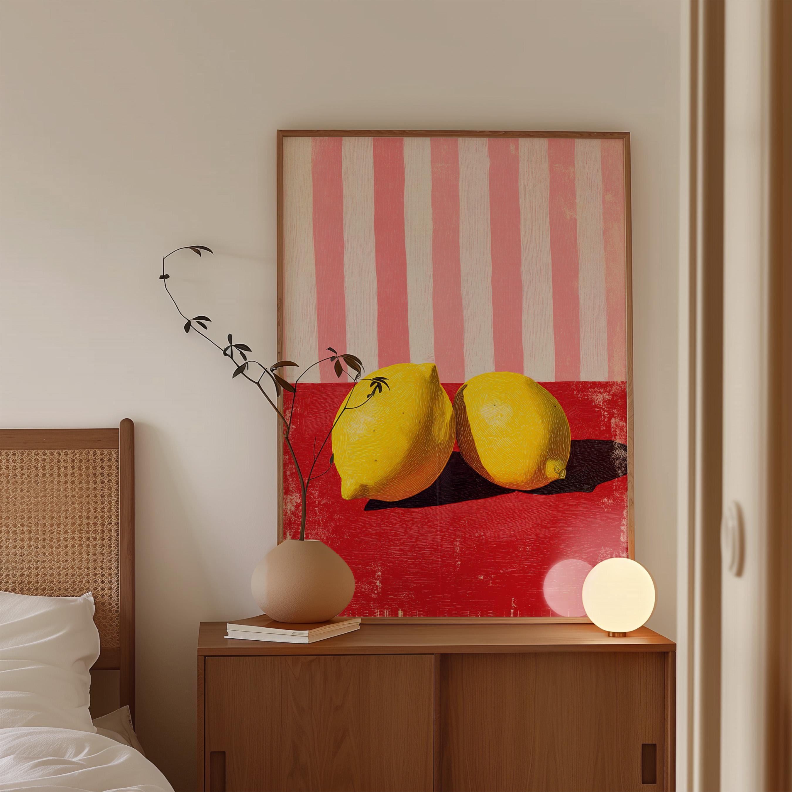Lemon Wall Art Print, Kitchen Decor Lemon Art, Red Pink Still Life, Fruit Illustration, Modern Kitchen Wall Decor