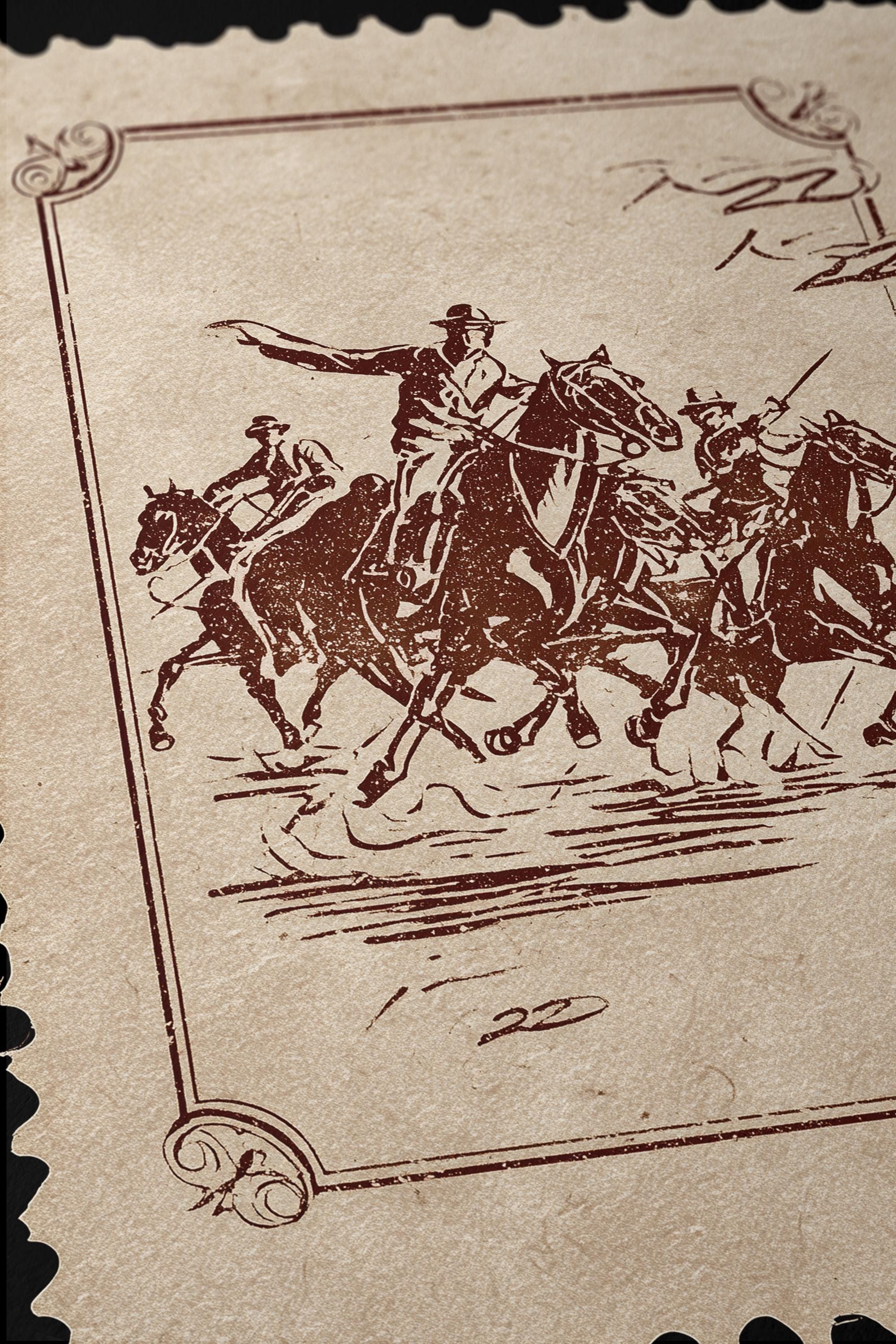 Vintage Cowboy Art Print, Western Stamp Poster, Black Sepia Ranch Decor