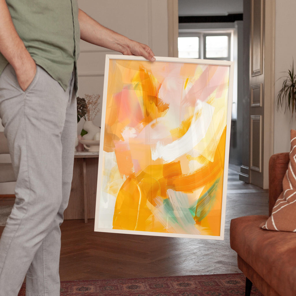 Yellow Orange Abstract Wall Art, Warm Brushstroke Print, Modern Painterly Decor