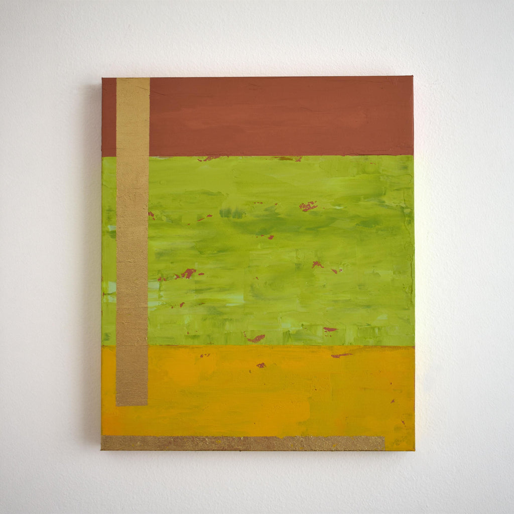 Original Abstract Painting, Green Gold Leaf Acrylic Canvas, Modern Color Block Art