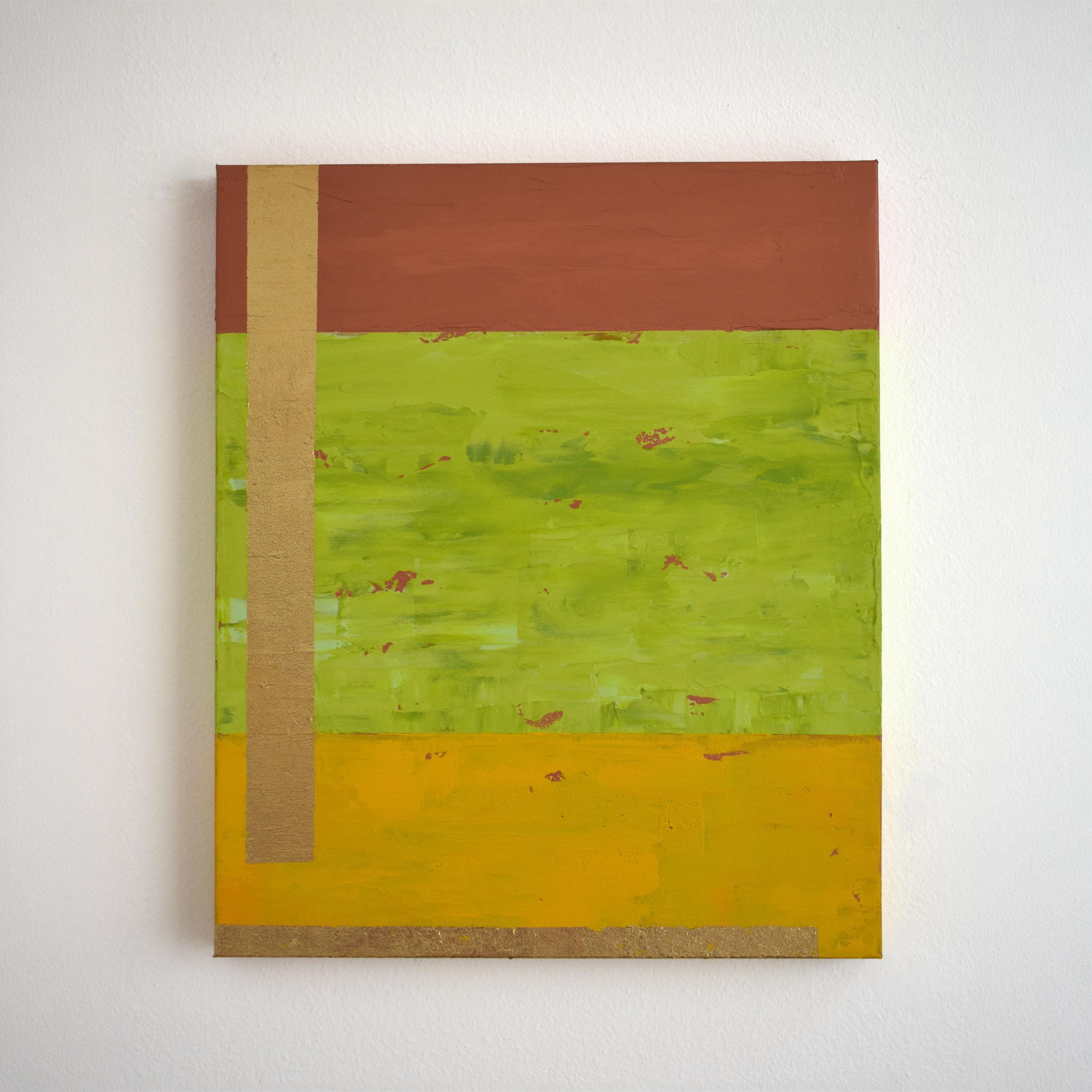 Original Abstract Painting, Green Gold Leaf Acrylic Canvas, Modern Color Block Art