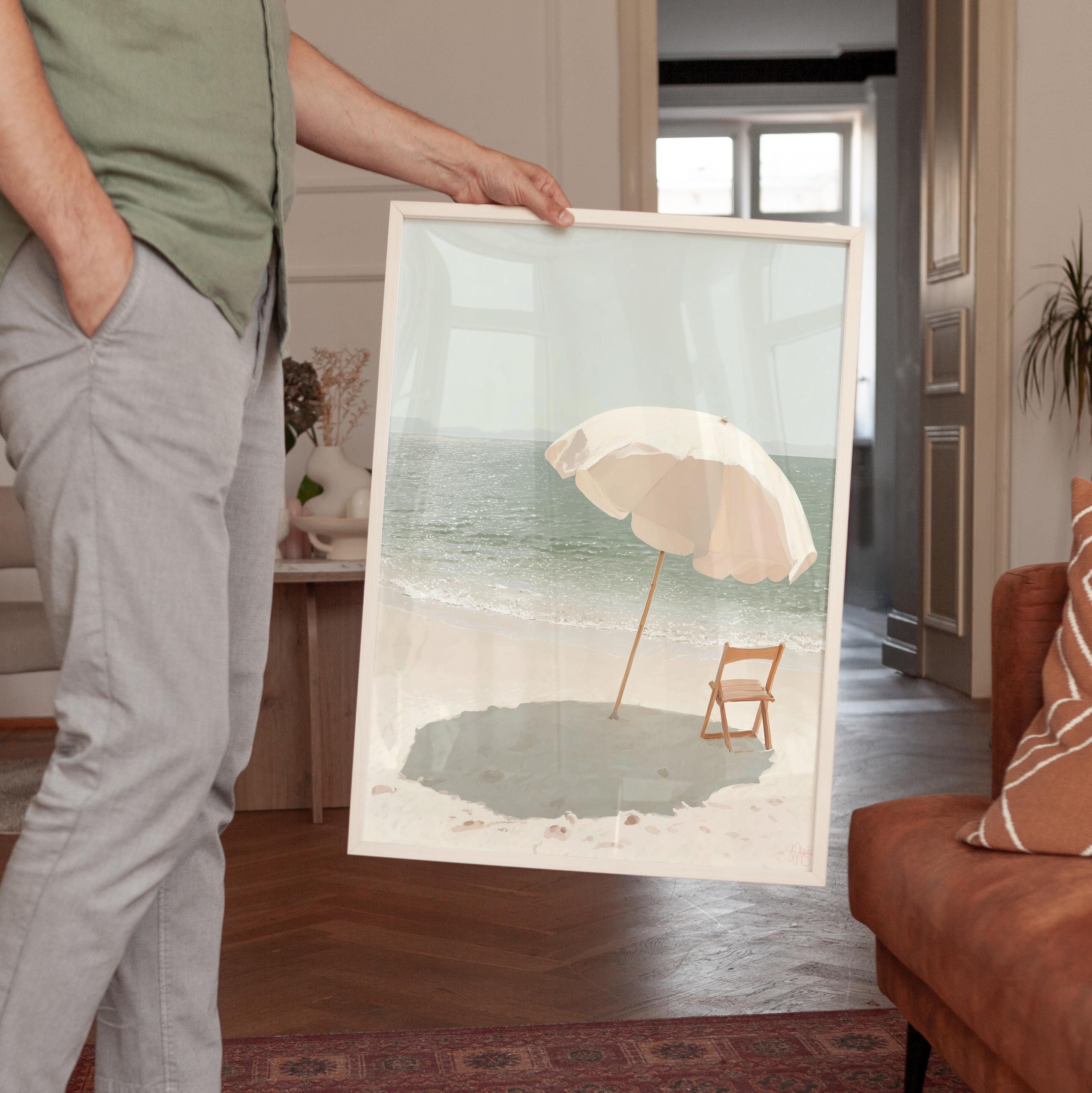 Beach Umbrella Art Print, Calm Ocean Poster, Neutral Seaside Wall Decor