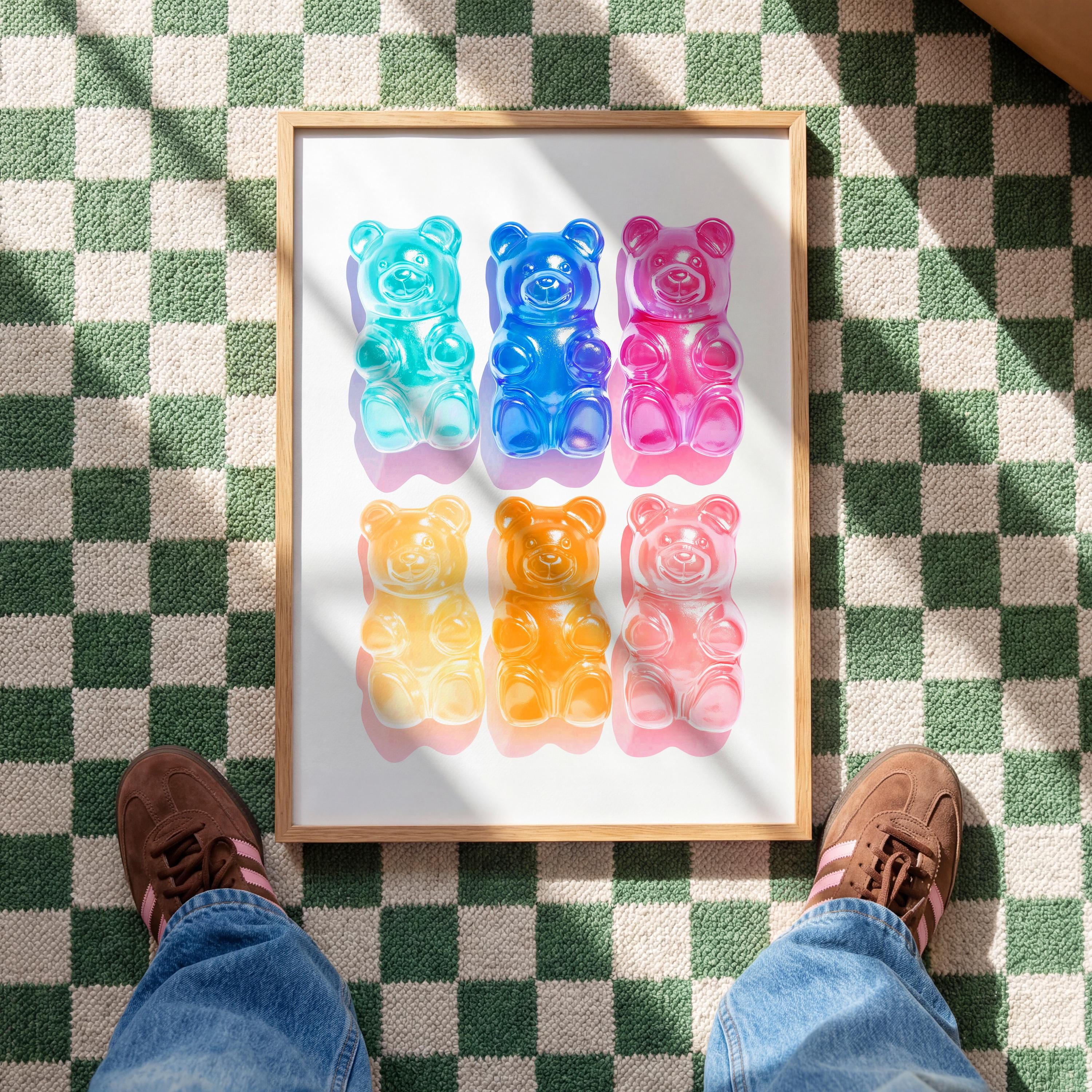 May include: A framed print featuring nine gummy bear candies in vibrant colors: turquoise, blue, pink, yellow, orange, and clear. The artwork is displayed on a white background within a wooden frame. The image is captured from an overhead perspective.