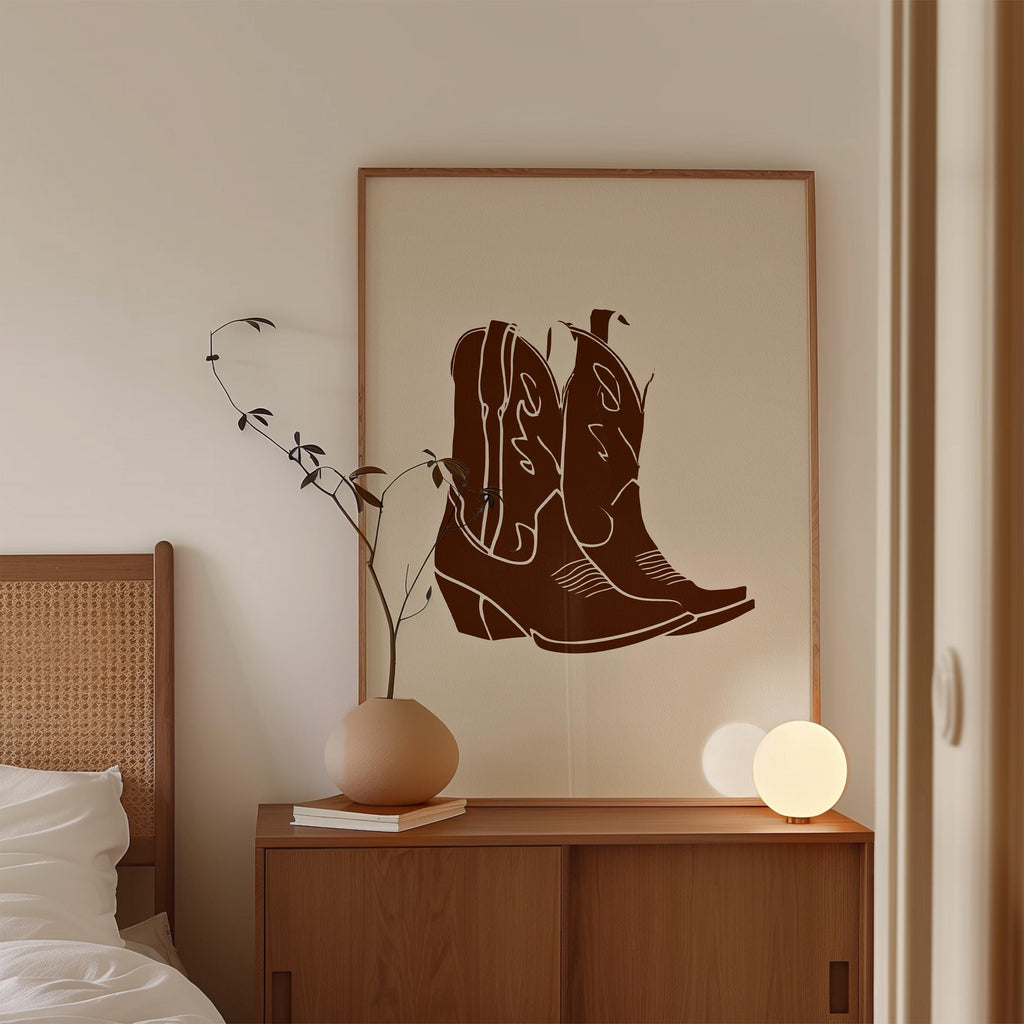 Cowboy Boot Art Print, Brown Western Wall Decor, Minimal Cowgirl Poster